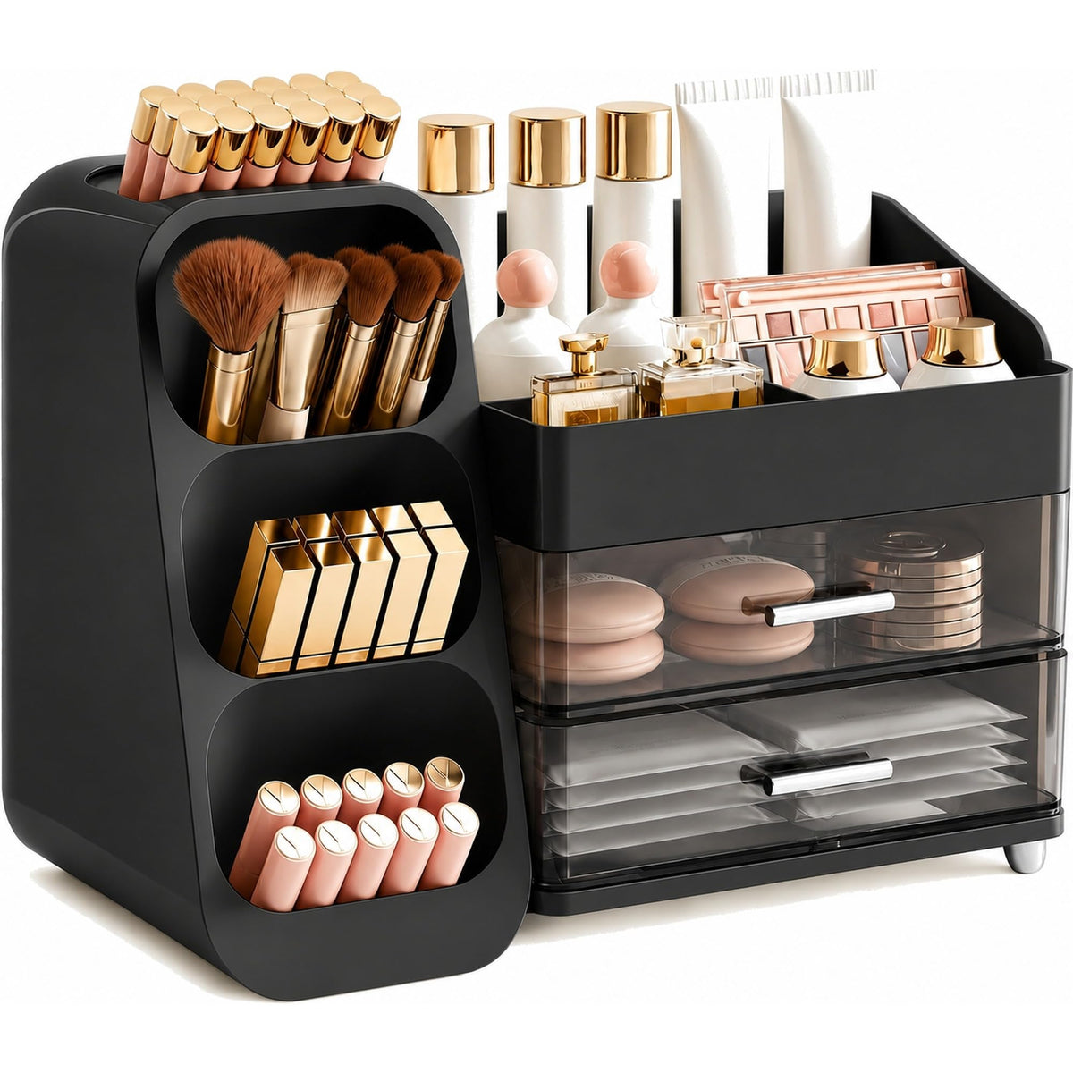 Makeup Organizer for Vanity - Large Skincare Organizers Countertop, Cosmetic Organizer with Brush Holder and 2 Drawer, Makeup Storage for Lipsticks, Nail Polishes, Eyeshadow Palettes, White