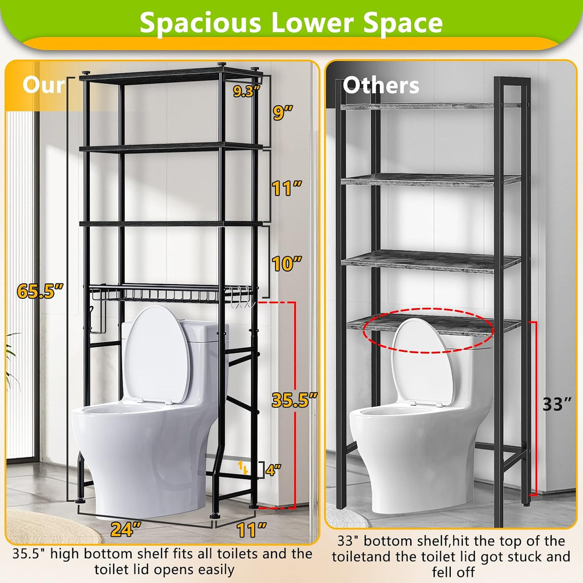 Mlinavn Over-The-Toilet Storage Rack, 4-Tier Bathroom Organizer Shelf Over Toilet with Adjustable Shelf and Basket, Freestanding Space Saver Bathroom Shelves Above Toilet for Room (Black)