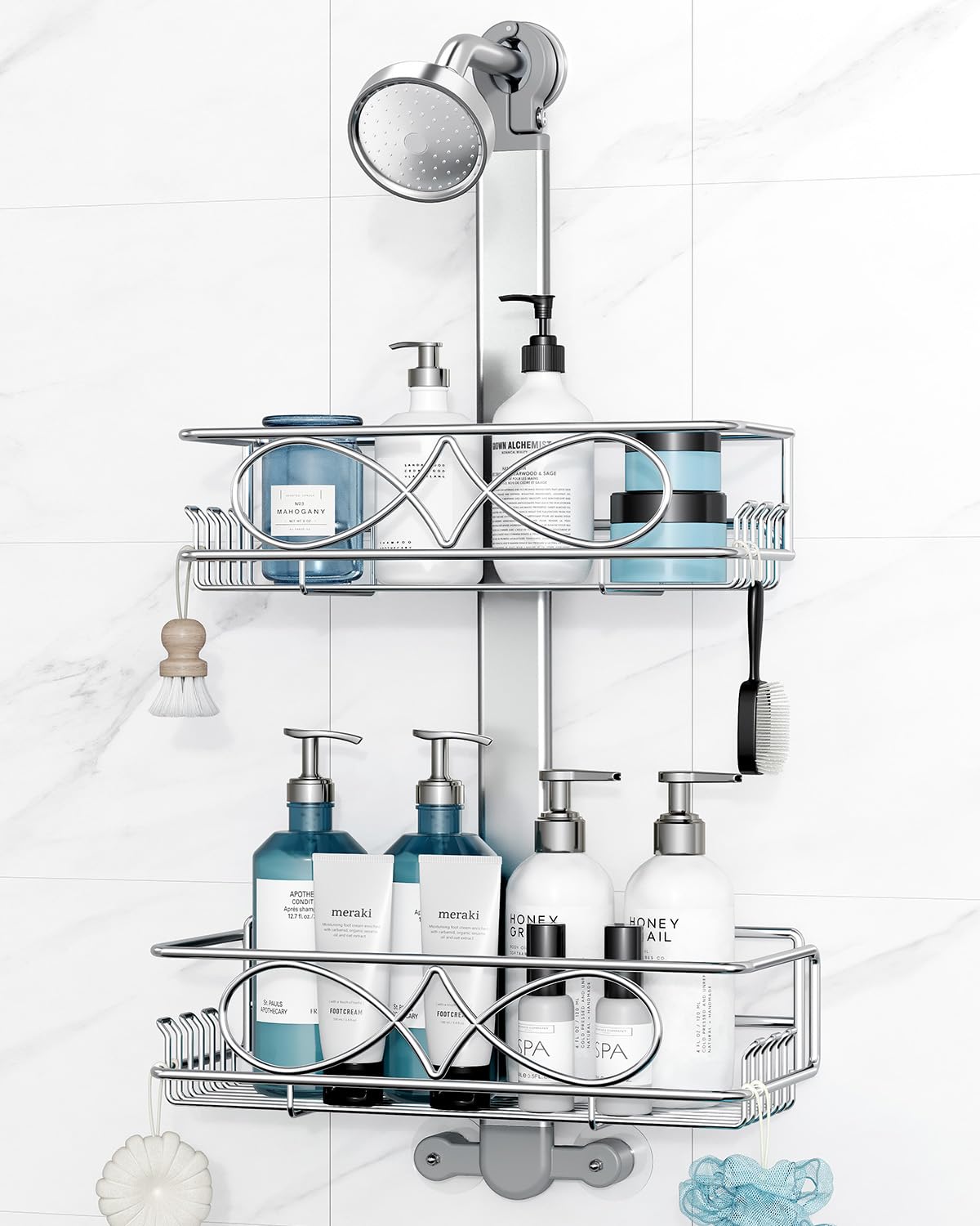 ODesign 4 Tier Adjustable Shower Organizer Hanging Over Showerhead Black