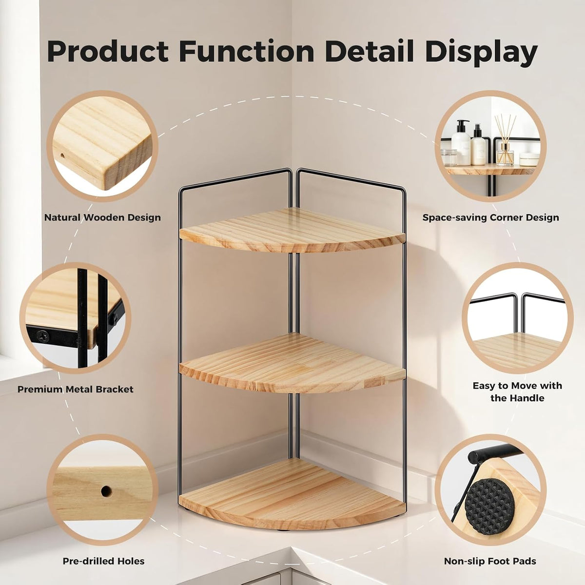 3 Tier Corner Bathroom Counter Organizer – Solid Wood + Metal Stand, Bathroom Countertop Organizer for Skincare, Makeup & Vanity, Space-Saving Rustic Storage for Sink, Kitchen & Bathroom