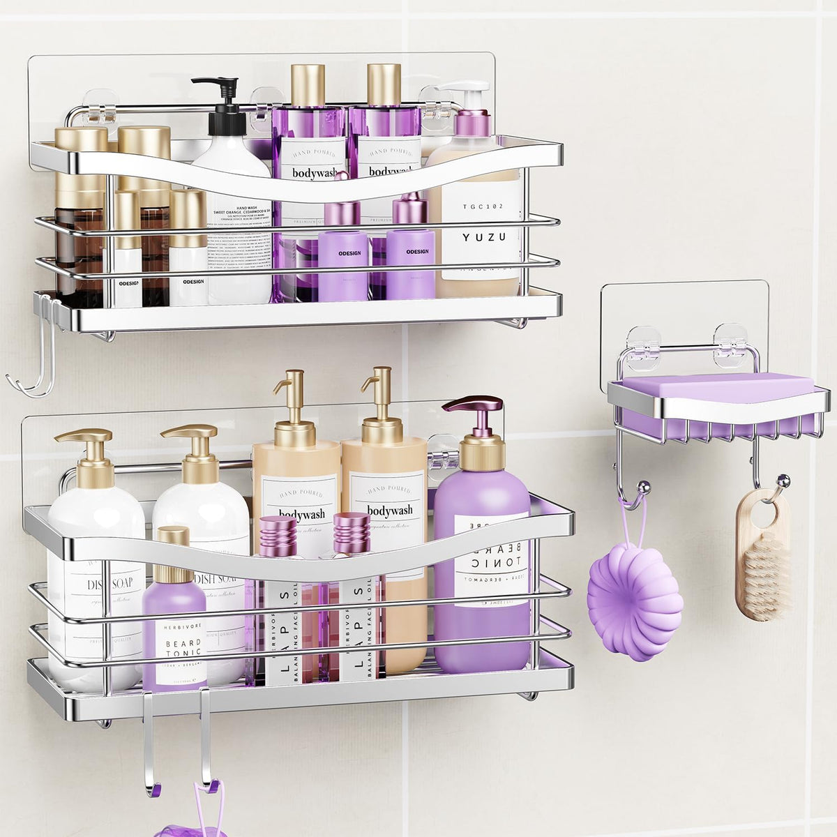 ODesign 3 Pack Adhesive Shower Caddy,Rustproof Shower Shelves Rack,Silver