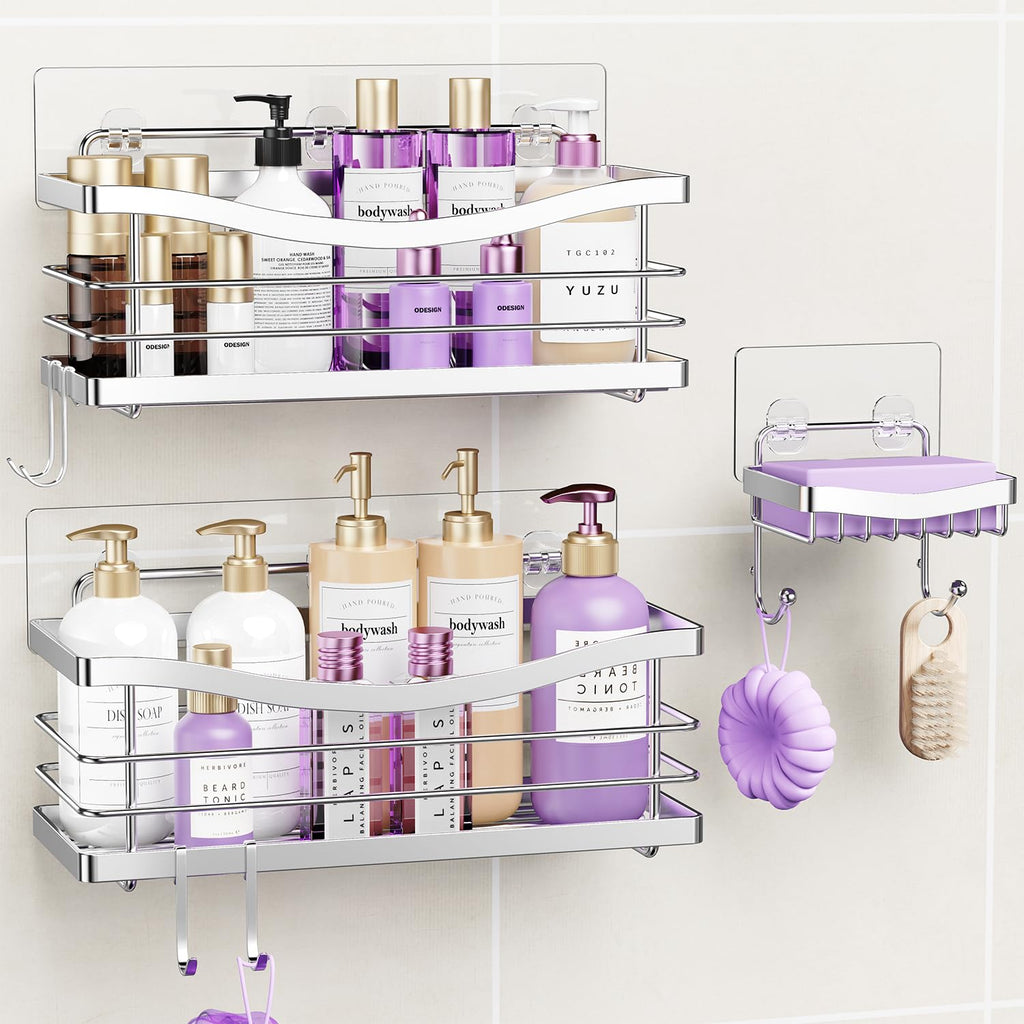ODesign 3 Pack Adhesive Shower Caddy,Rustproof Shower Shelves Rack,Silver
