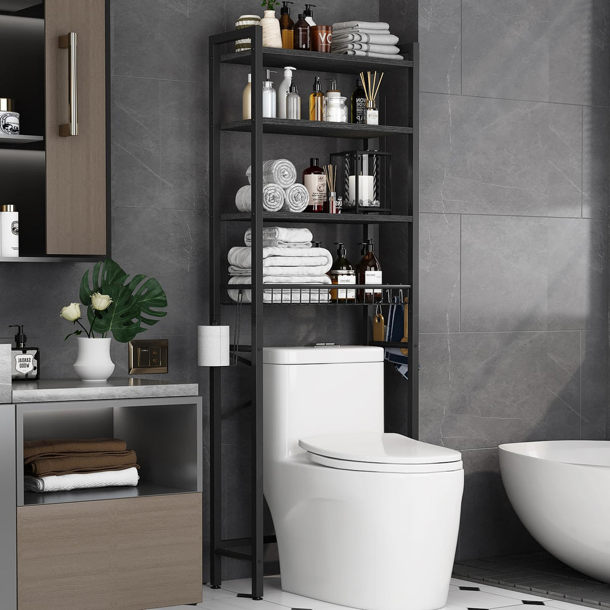 Kalrin Over-The-Toilet Storage Rack, 4-Tier Bathroom Organizer Shelf Over Toilet with Adjustable Shelf and Basket, Freestanding Space Saver Bathroom Shelves Above Toilet for Room (Vintage Brown)