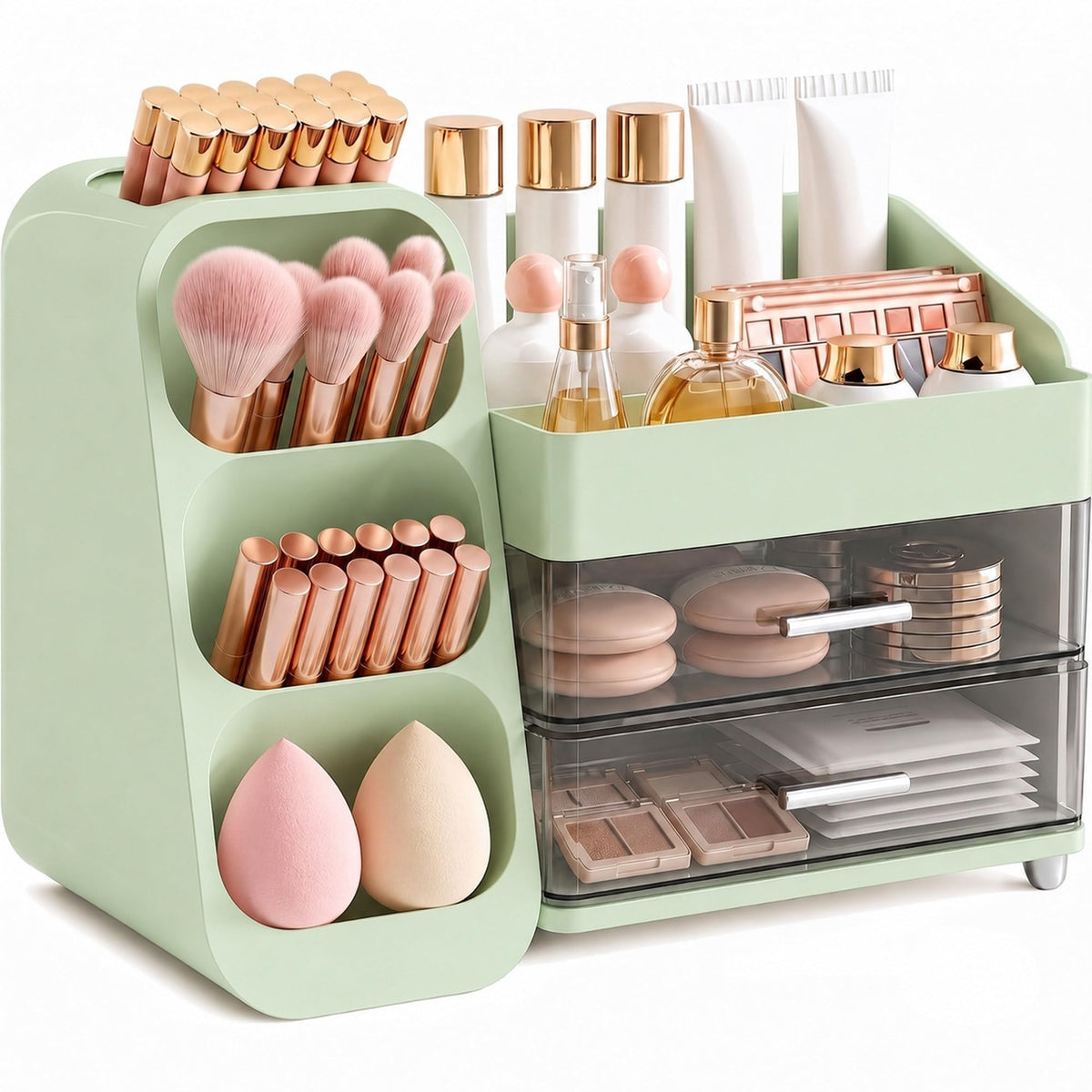 Makeup Organizer for Vanity - Large Skincare Organizers Countertop, Cosmetic Organizer with Brush Holder and 2 Drawer, Makeup Storage for Lipsticks, Nail Polishes, Eyeshadow Palettes, White