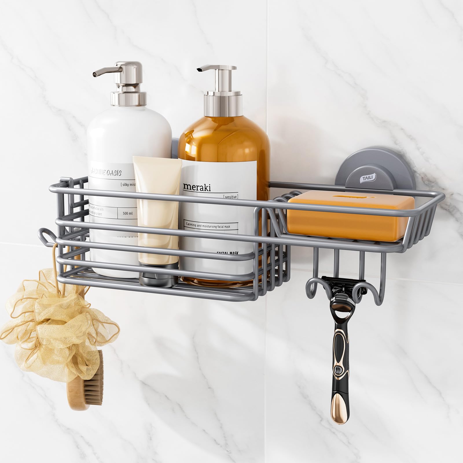 TAILI Shower Caddy Suction Cup 2 Pack with Hooks & Soap holder, Black