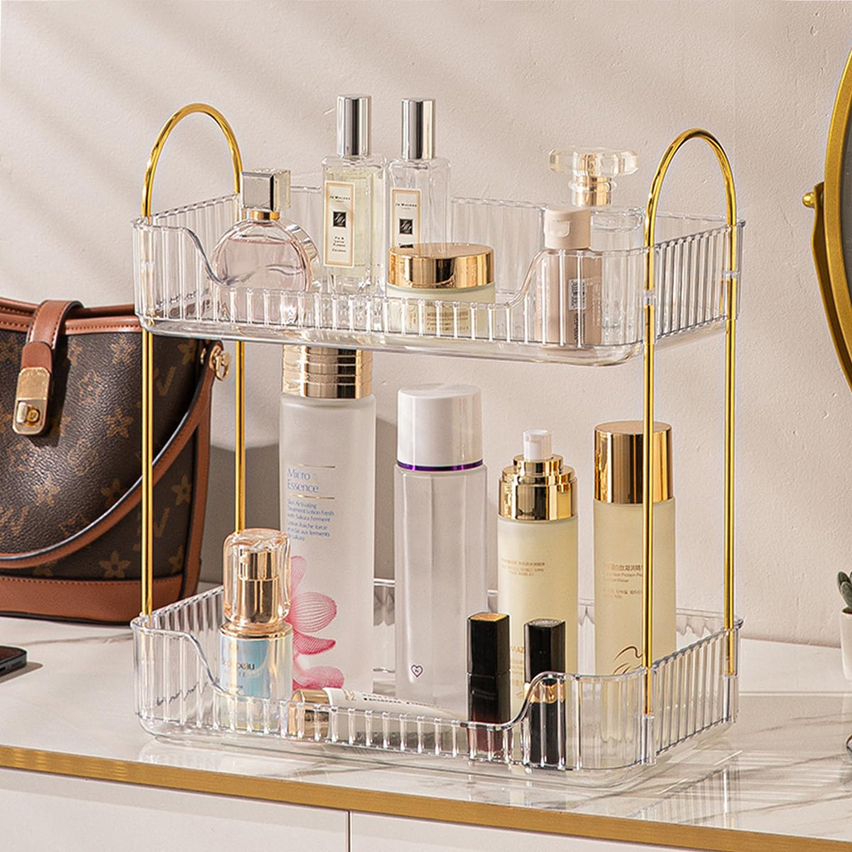 Aveniee Bathroom Counter Organizer, 3 Tier Perfume Skin Care Countertop Storage Shelf, Vanity Makeup Tray for Cosmetic Skincare Lotion,Clear