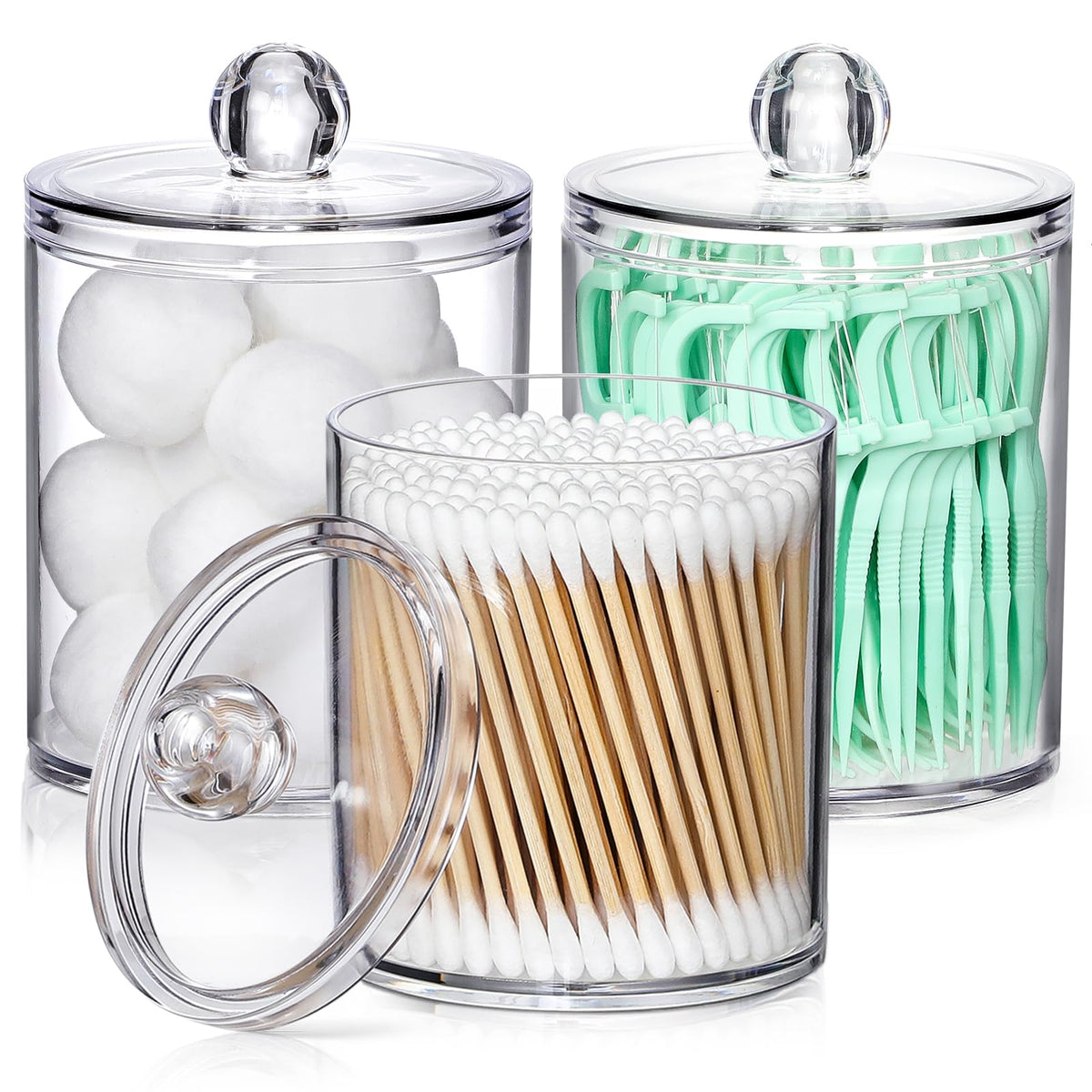 4 Pack Acrylic Qtip Holder Dispenser for Cotton Swabs, Balls, Floss Picks
