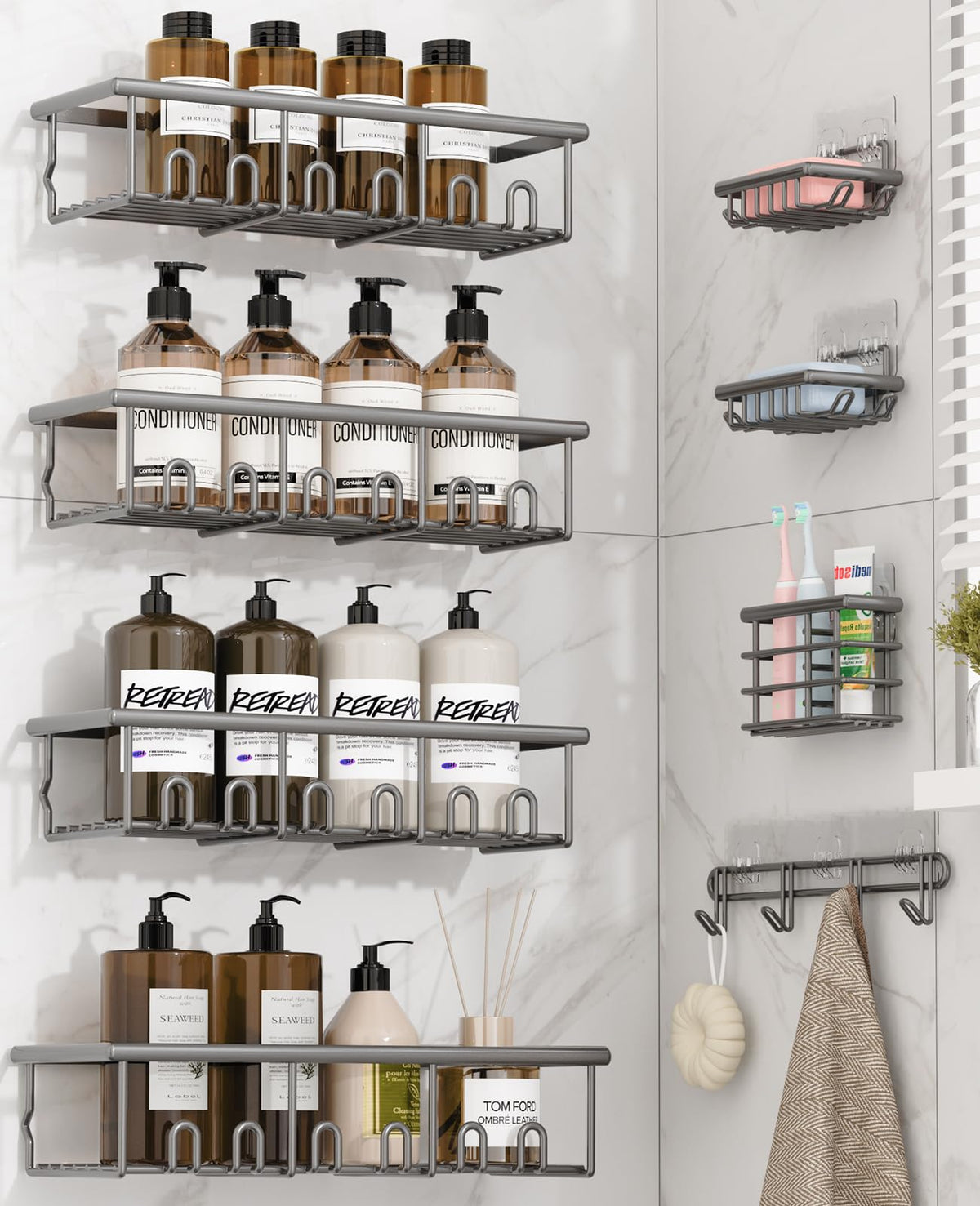 8 Pack Adhesive Large Capacity No-Drilling Shower Caddy, Black