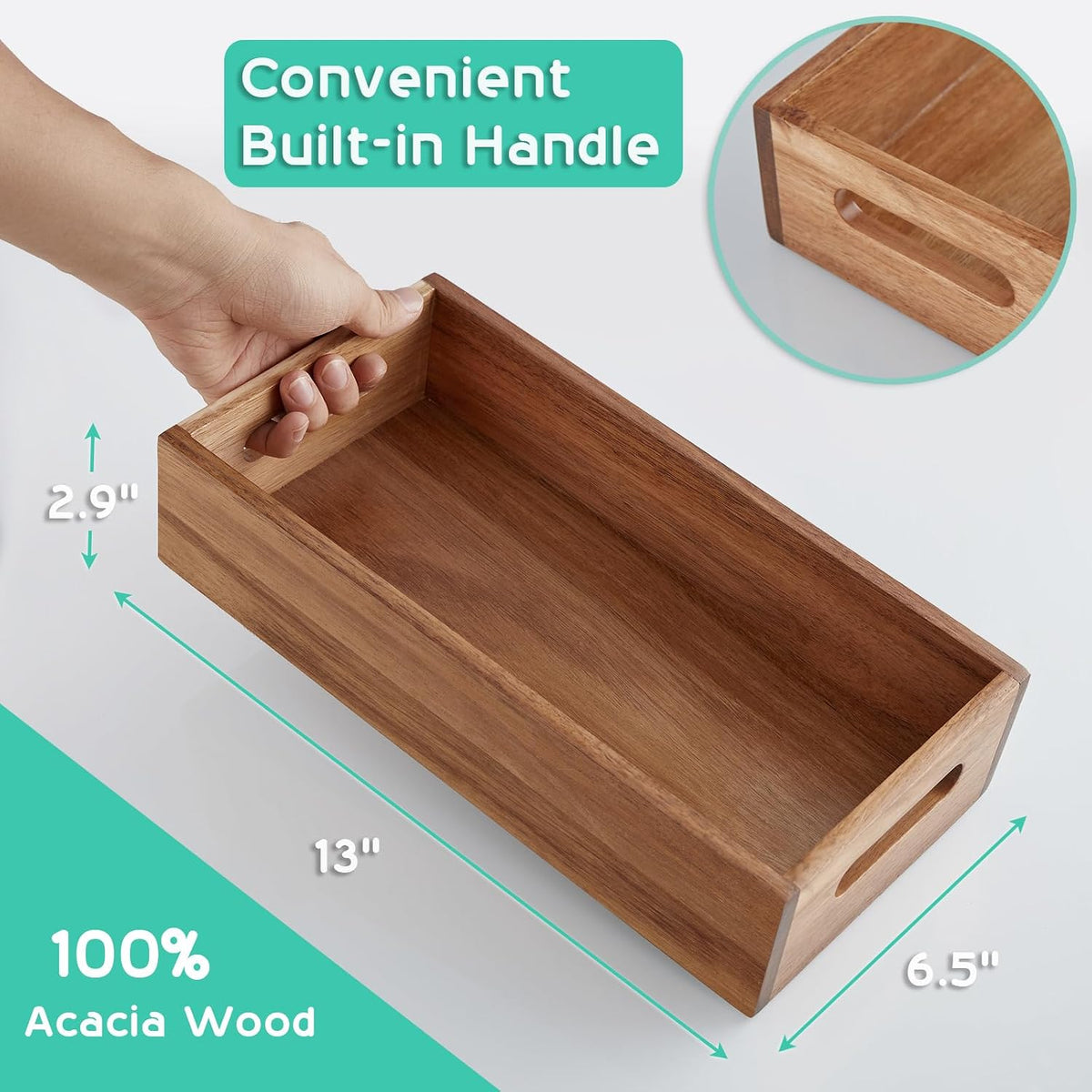 ALELION Acacia Wood Bathroom Storage Basket for Organizing - Toilet Paper Basket with Handle for Back of Toilet Tank Top Topper - Small Narrow Baskets for Kitchen Pantry Garage Laundry Room Storage