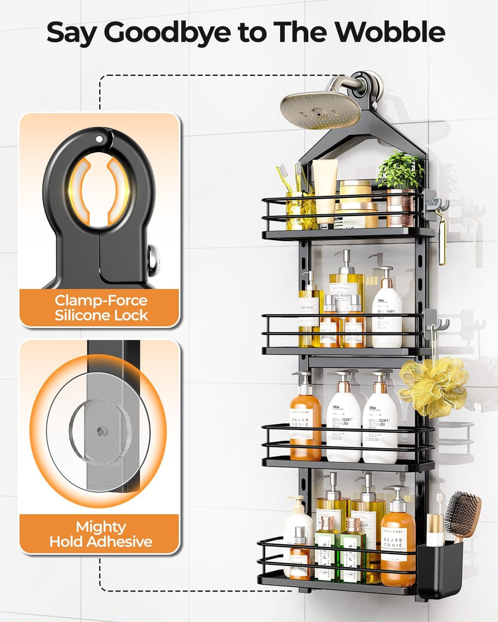 ODesign 4 Tier Adjustable Shower Organizer Hanging Over Showerhead Black