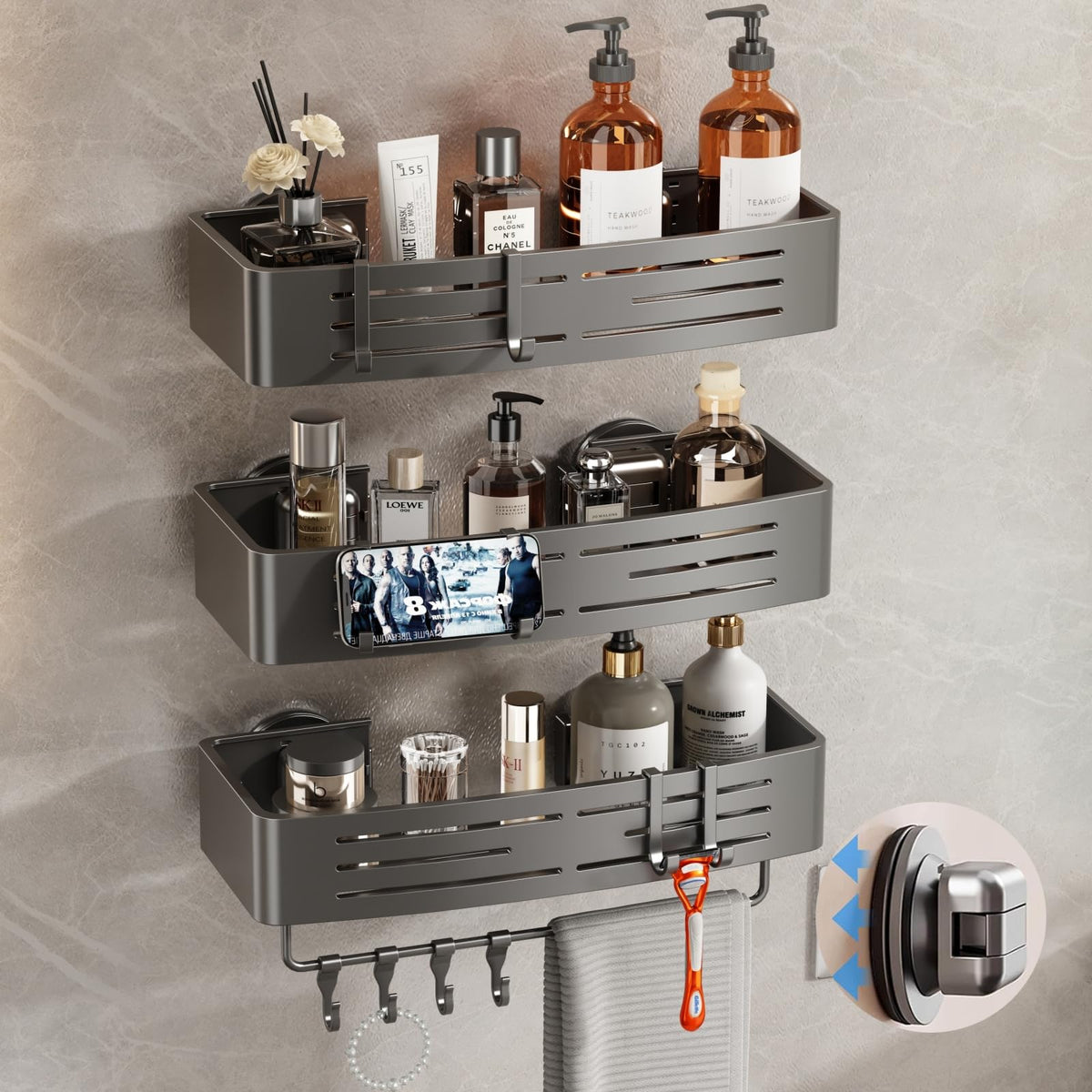 Voldra Shower Caddy Suction Cup, 2 Pack Shower Shelves for Inside Shower No Drilling, Aluminum Suction Showers Organizer with Towel Bar & Hooks Removable Bathroom Shelf Storage Rack(Gray)