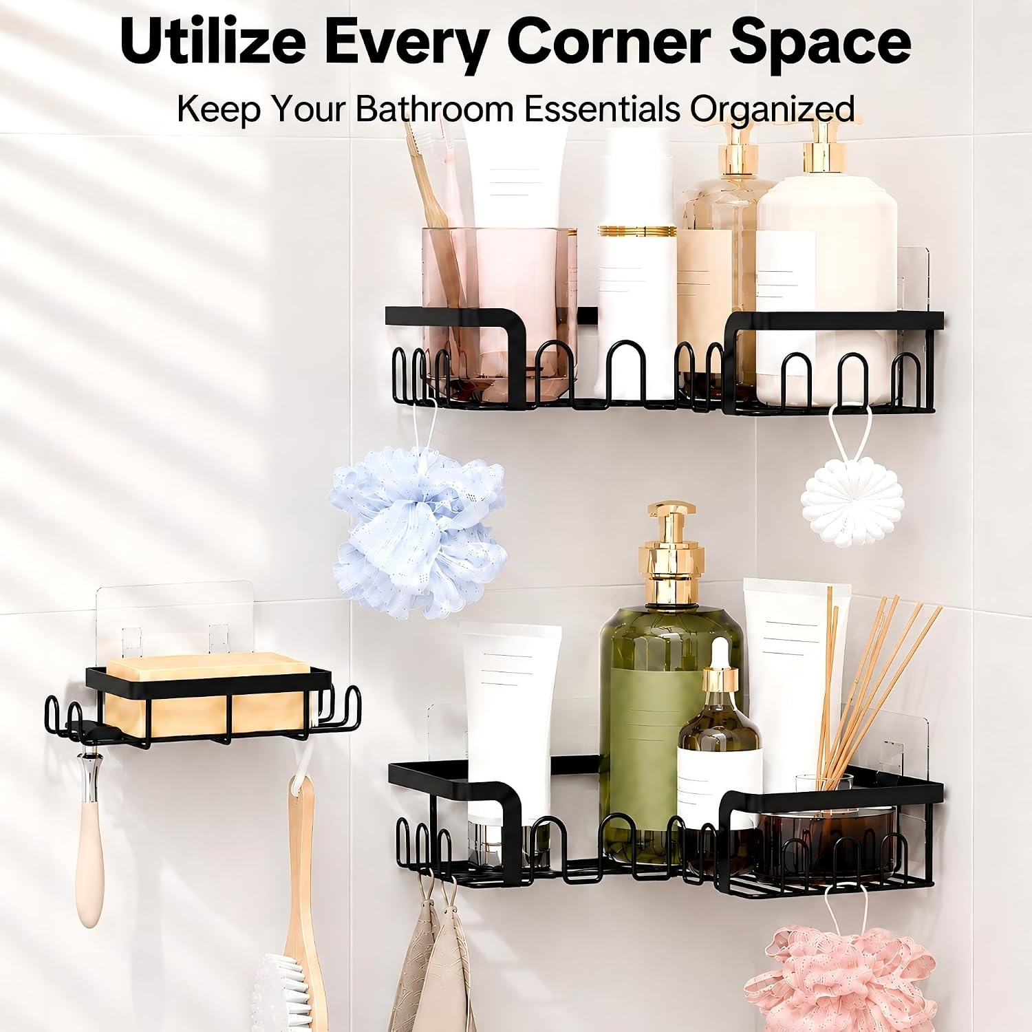 Corner Shower Caddy 3 Pack,Wall Mounted Adhesive Shower Caddy with Soap Holder and 24 Hooks,No Drill Rustproof Stainless Steel Shower Shelf for Inside Shower,Black