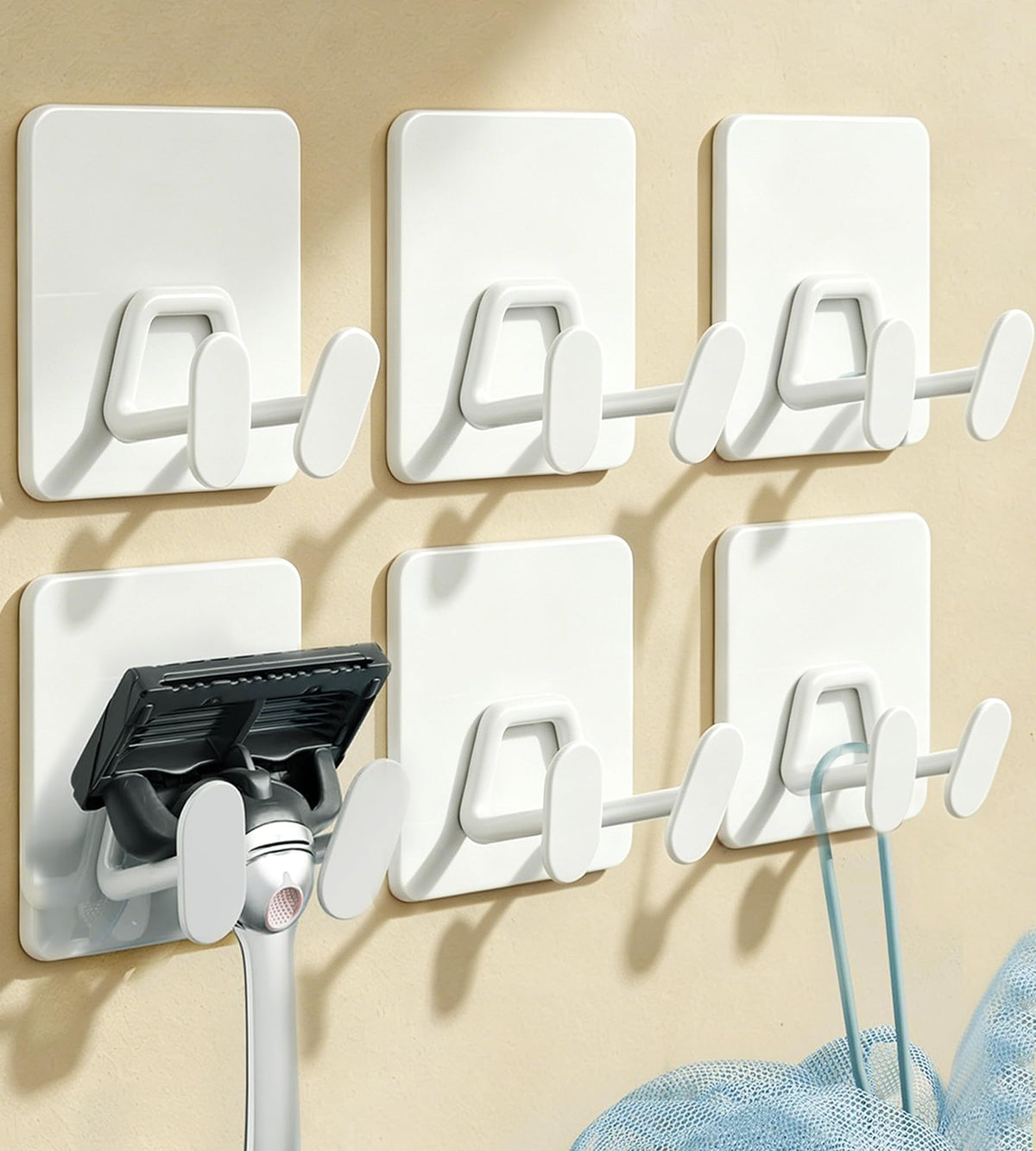 Adhesive Shower Hooks for Inside - Extra Sticky Stainless, Razor Holder Shower Accessories, Wall Mounted Self-Adhesive Double Hooks for Razor, Loofah, Towel, Shaver, Coat, Key, Matt Black, 4-Pack