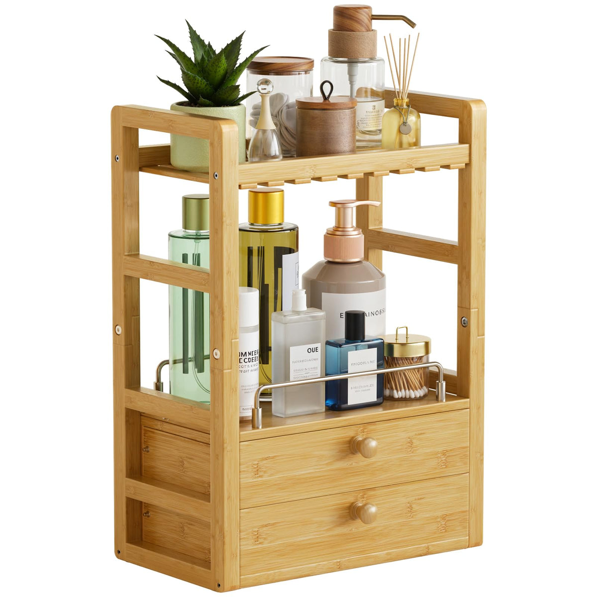 AmazerBath Bamboo Bathroom Counter Organizer, 2-Tier Makeup Organizer with 2 Drawers, Vanity Organizer Storage Coffee Matcha Station, Compact Shelf for Bathroom Kitchen Office Countertop