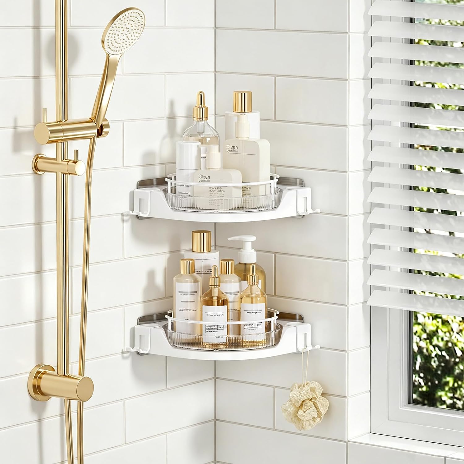 shuang qing 360° Rotating Corner Shower Caddy, 2-Tier Adhesive Shower Organizer Shelf with Removable Clear Trays, No-Drill Bathroom Storage Rack for Shampoo, Body Wash & Shower Essentials,White