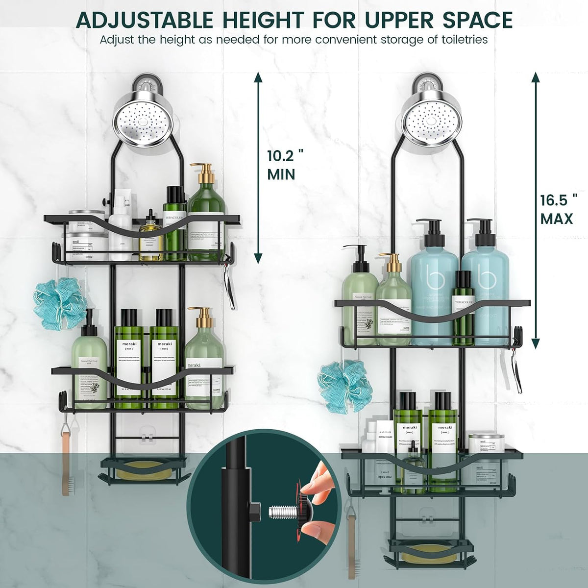 REINHARDT Adjustable Shower Caddy Hanging Rustproof Shower Organizer, Black