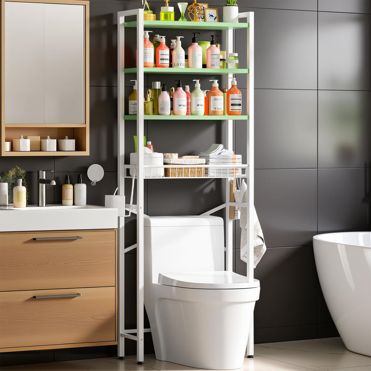 Kalrin Over-The-Toilet Storage Rack, 4-Tier Bathroom Organizer Shelf Over Toilet with Adjustable Shelf and Basket, Freestanding Space Saver Bathroom Shelves Above Toilet for Room (Vintage Brown)