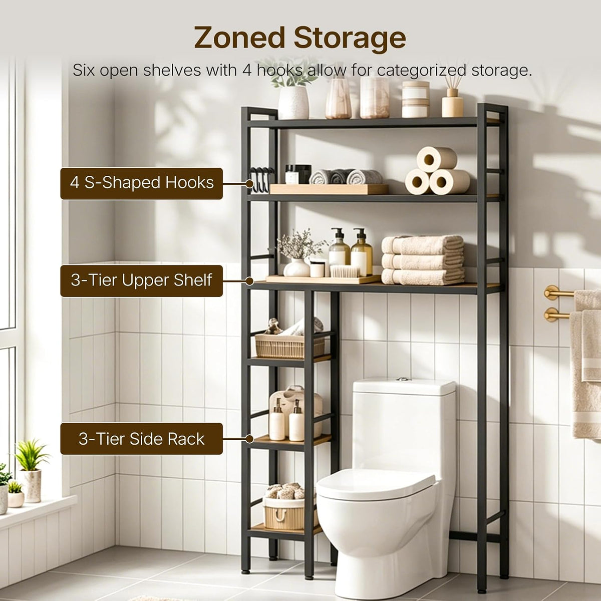 Over The Toilet Storage with Side Rack, 6-Tier Bathroom Organizer Shelf