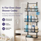 SWTYMIKI Over The Door Shower Caddy - 4 Tier Rustproof Hanging Shower Organizer with Adjustable Shelves, 40 Hooks & Soap Holder, Hanging Shower Rack Storage for Bathroom Accessories, Black