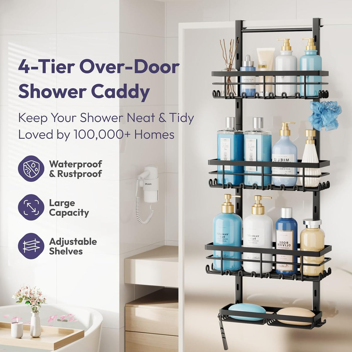 SWTYMIKI Over The Door Shower Caddy - 4 Tier Rustproof Hanging Shower Organizer with Adjustable Shelves, 40 Hooks & Soap Holder, Hanging Shower Rack Storage for Bathroom Accessories, Black