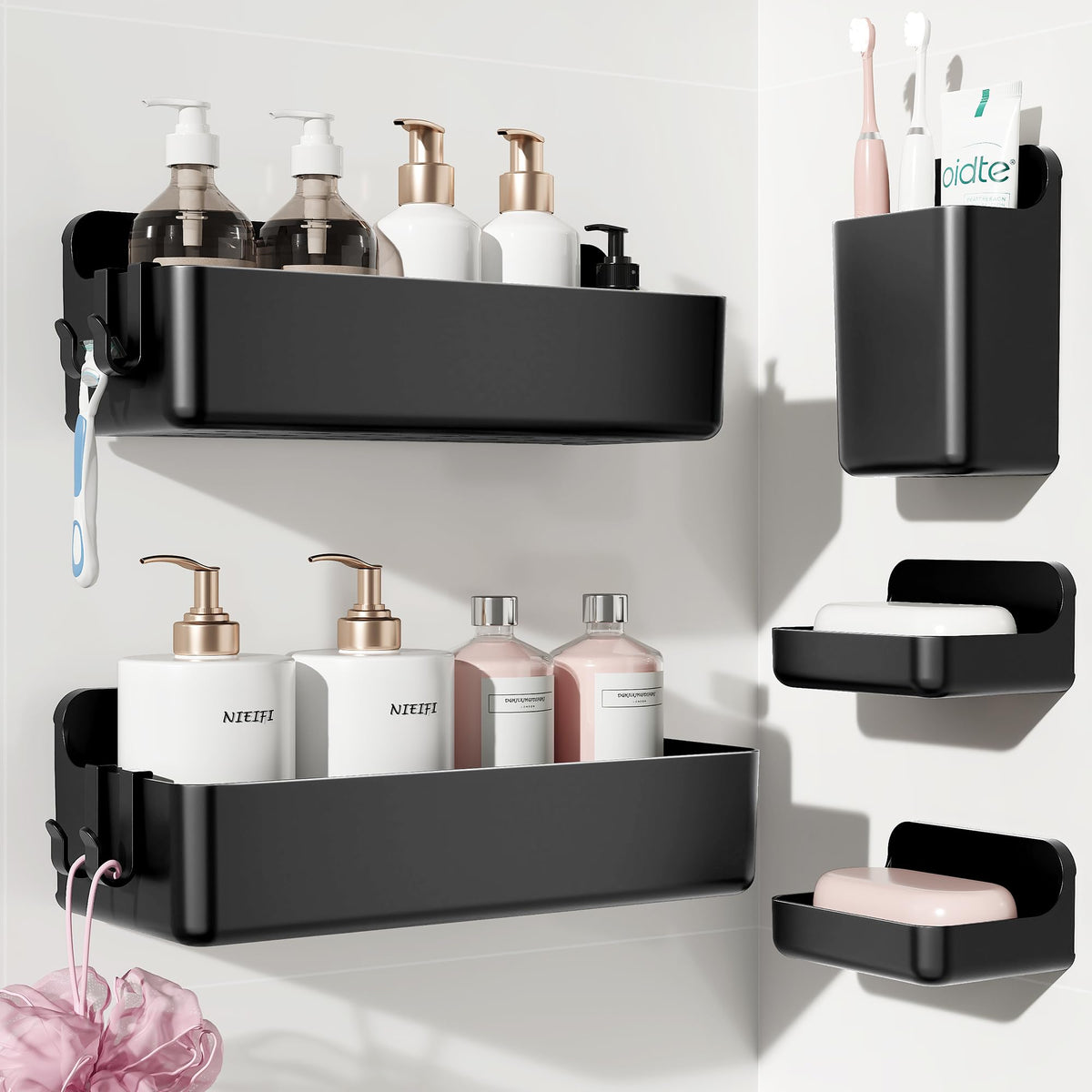 Nieifi Adhesive Shower Shelves, Clear, 5 Pieces