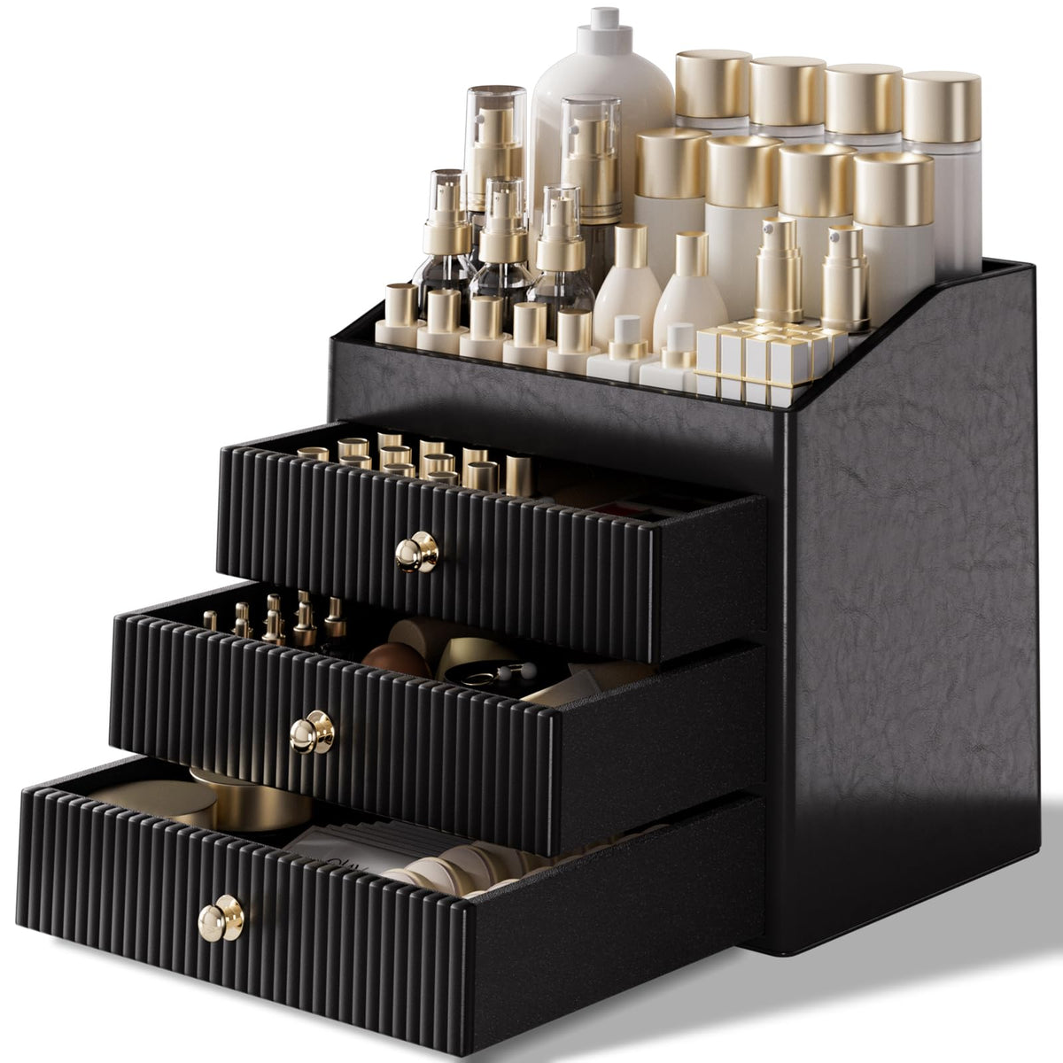 LADSTAG Vanity Organizers,Luxury Skincare Organizer with 3 Tier Drawers,Beige White Large Capacity Cosmetic Organizer Countertop for Makeup Brush,Dresser,Bedroom,Bathroom,Mom Gifts,Mom Birthday Gifts