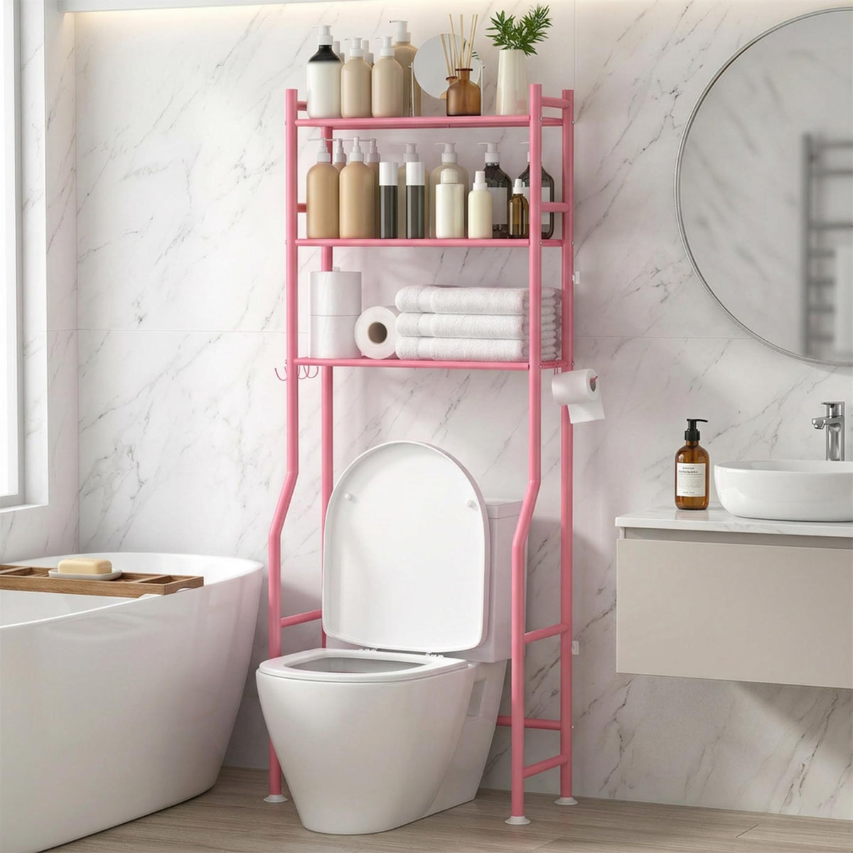 GloTika 3-Tier Over Toilet Storage, Anti-Tilt, 64" H, Black