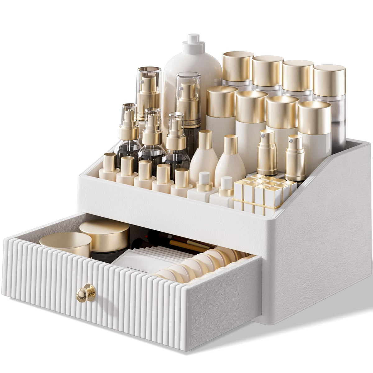 LADSTAG Vanity Organizers,Luxury Skincare Organizer with 3 Tier Drawers,Beige White Large Capacity Cosmetic Organizer Countertop for Makeup Brush,Dresser,Bedroom,Bathroom,Mom Gifts,Mom Birthday Gifts