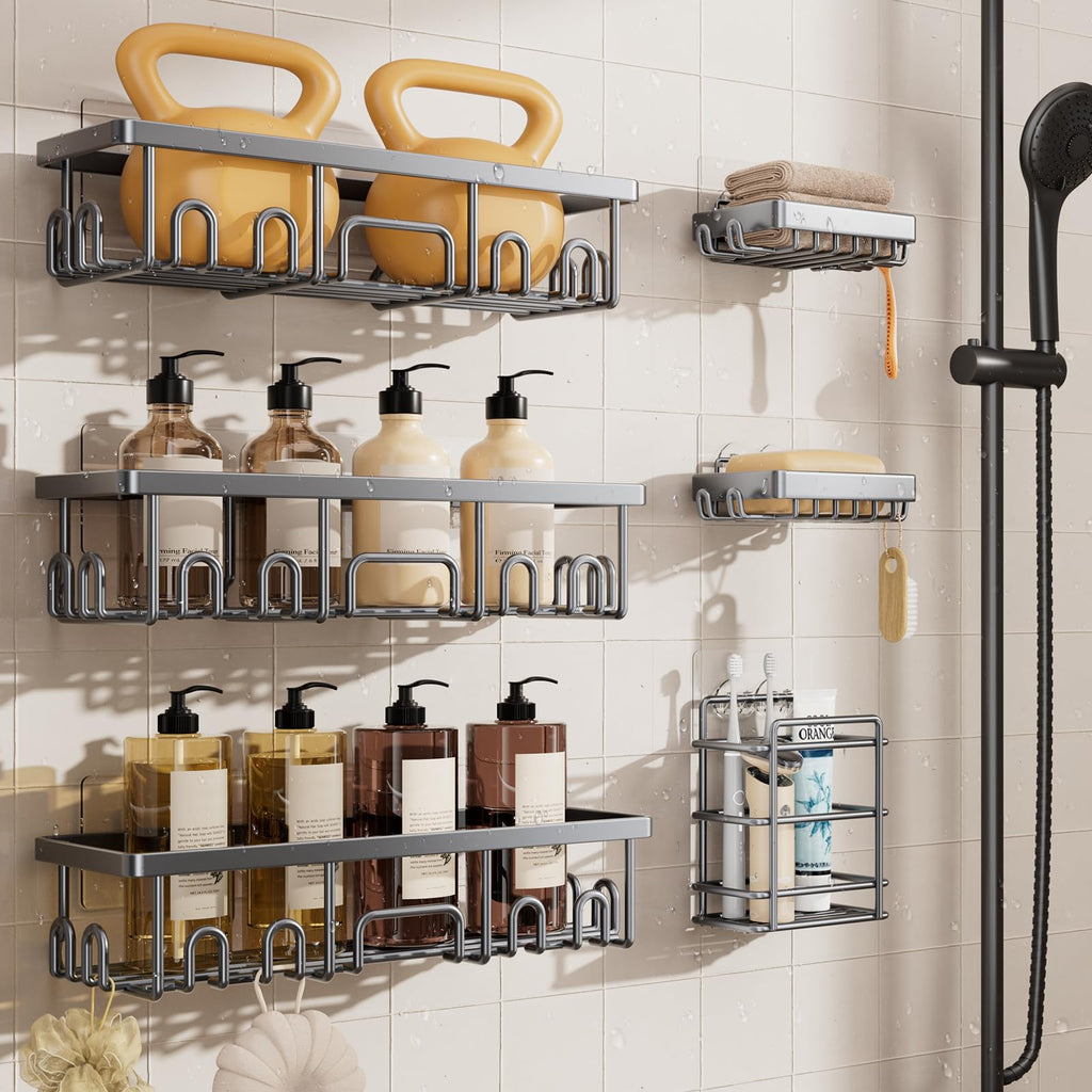 Veken Shower Caddy 6-Pack with Hooks, Bathroom Organizers & Storage, Black