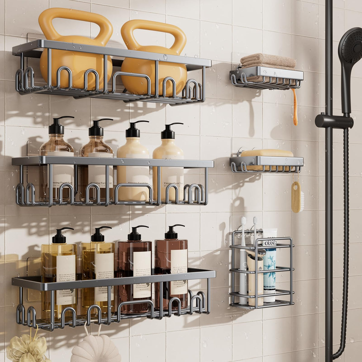 Veken Shower Caddy 6-Pack with Hooks, Bathroom Organizers & Storage, Black