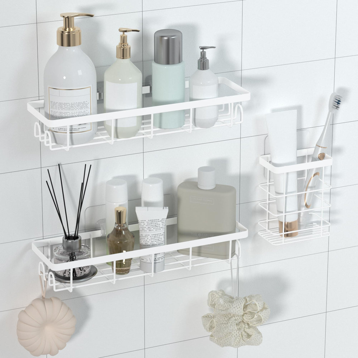 Shower Caddy Organizer with Hooks,Self Adhesive Bathroom Shelves,No Drilling Bathroom Organizers and Storage,Perfect for RV, Apartment, Home Decor,White 4PCS