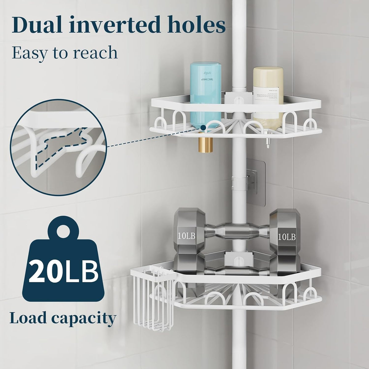 Consumest Shower Caddy Tension Pole - 4 Tier Corner Shower Shelves with Brush & Soap Holder, 304 Stainless Steel Rustproof Adjustable Organizer Rack for Bathtub, Bathroom, 27.6-108.3 Inch, White