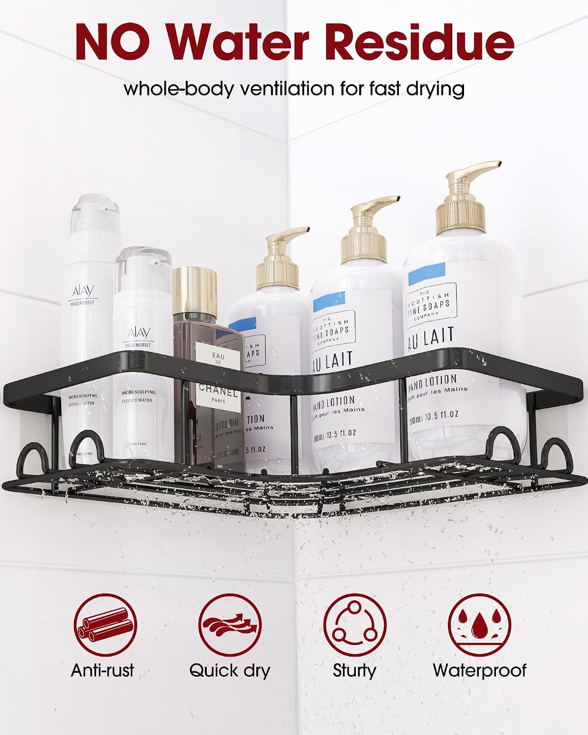 Sakugi Black Corner Shower Caddy Adhesive No Drilling Bathroom Shelves