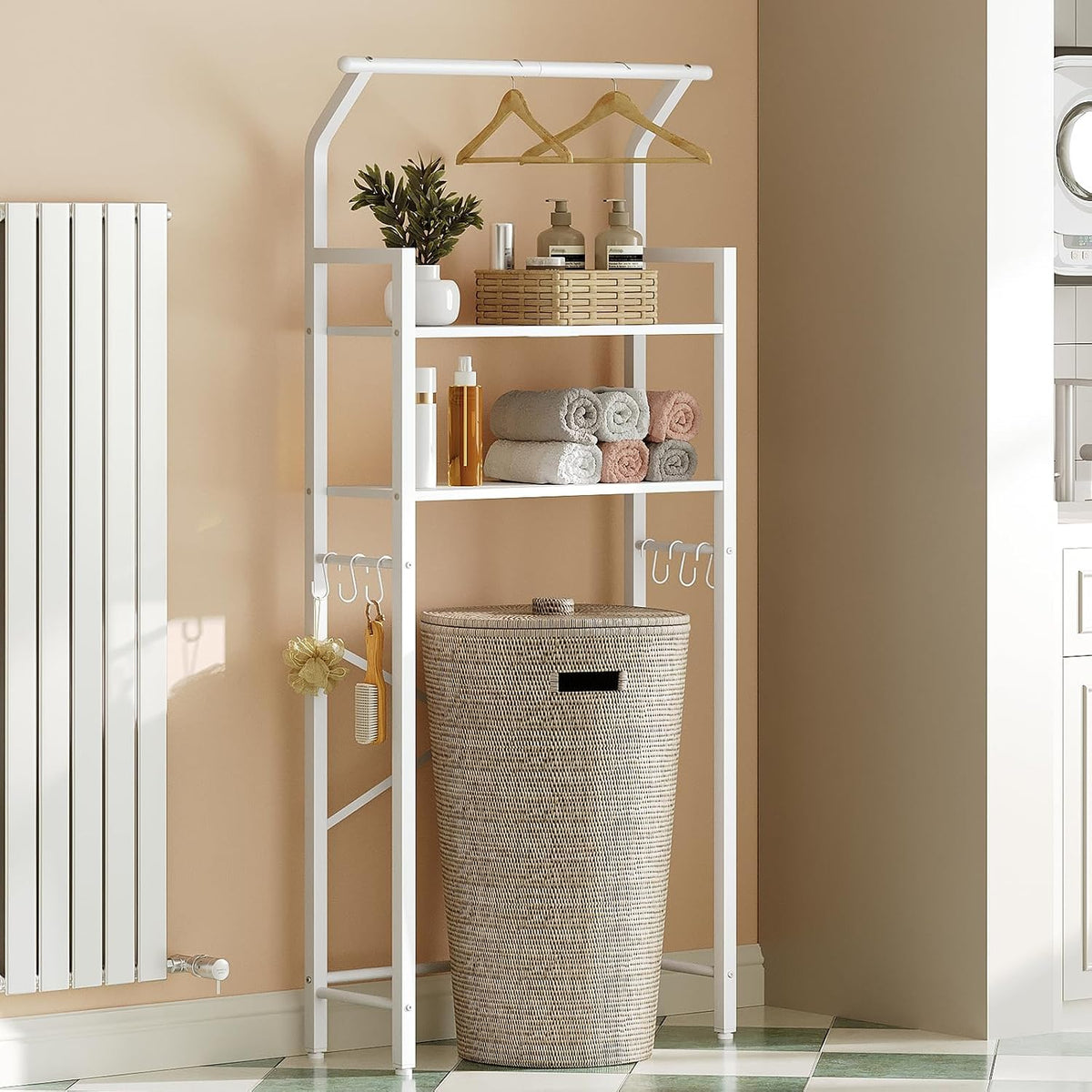 YATINEY 2-Tier Over The Toilet Storage, Multifunctional Vertical Over Toilet Bathroom Organizer, Freestanding Bathroom Storage Shelves with Hooks, Bathroom Organizer, Rustic Brown and Black TR01WT