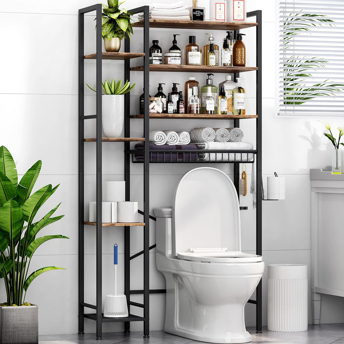 Kalrin 8-Tier Over The Toilet Storage with Side Rack, Over Toilet Storage Rack with Adjustable Shelf & Drain Basket, Freestanding Bathroom Organizer for Balcony, Laundry (Vintage Brown)