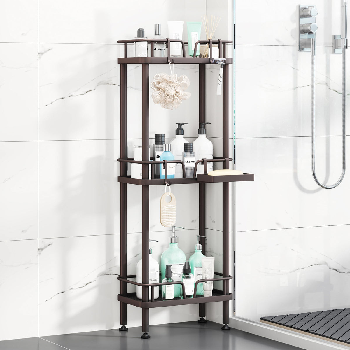 HapiRm Standing Corner Shower Caddy - 3 Tier Corner Shower Organizer with Soap Holder, Rustproof Stainless Steel Bathroom Shelf with 4 Hooks, Black
