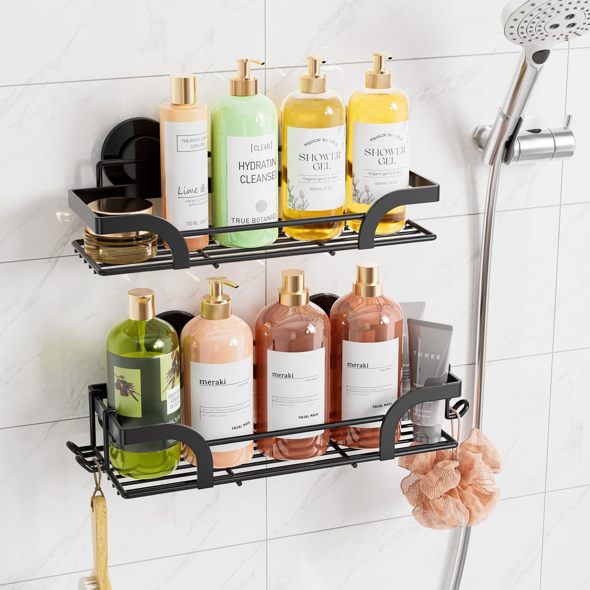 TAILI Shower Caddy Suction Cup 2 Pack with Hooks & Soap holder, Black