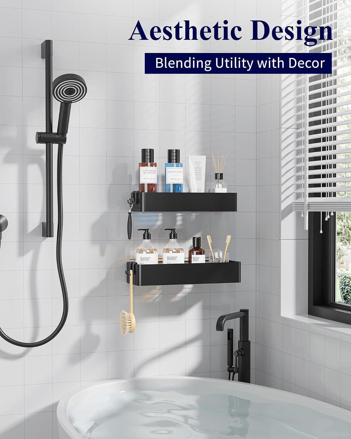 Kitsure Shower Caddy Adhesive, Stylish Shower Organizer, Large, Black