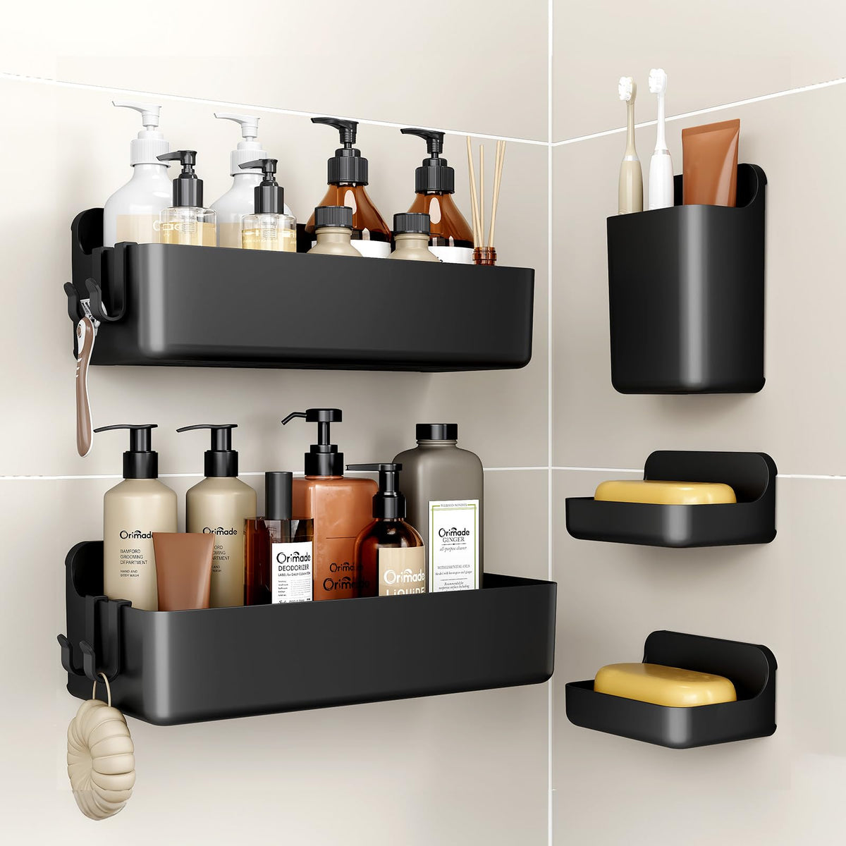 Orimade Shower Caddy 3-Pack, No-Drill Adhesive Shelves with 4 Hooks for Bathroom, Rustproof ABS Plastic Storage Organizer Set, Black