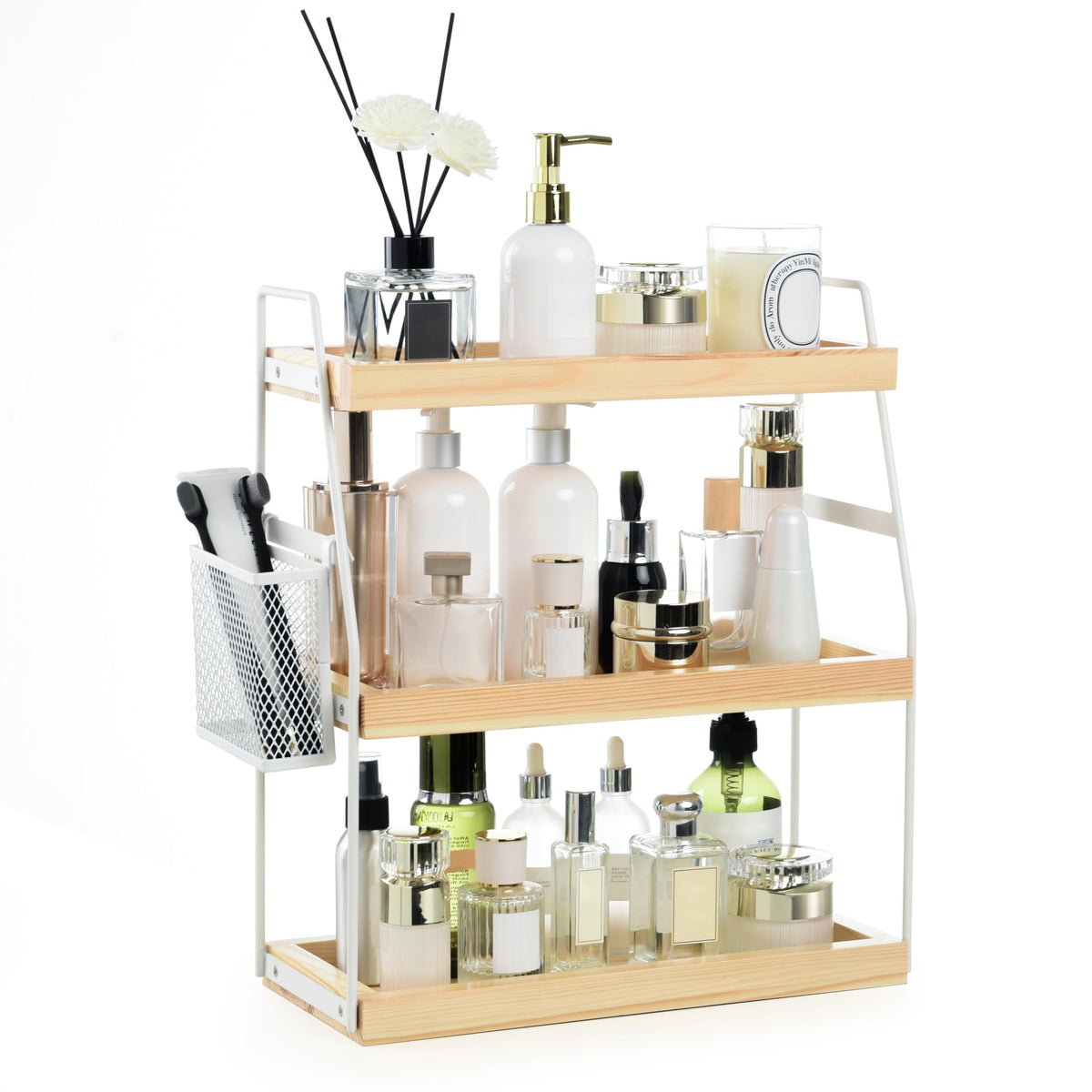 Uneviesyka Bathroom Counter Organizer, 2-Tier Standing Storage Shelf with Basket, Wood Tray for Skincare Vanity Organizer