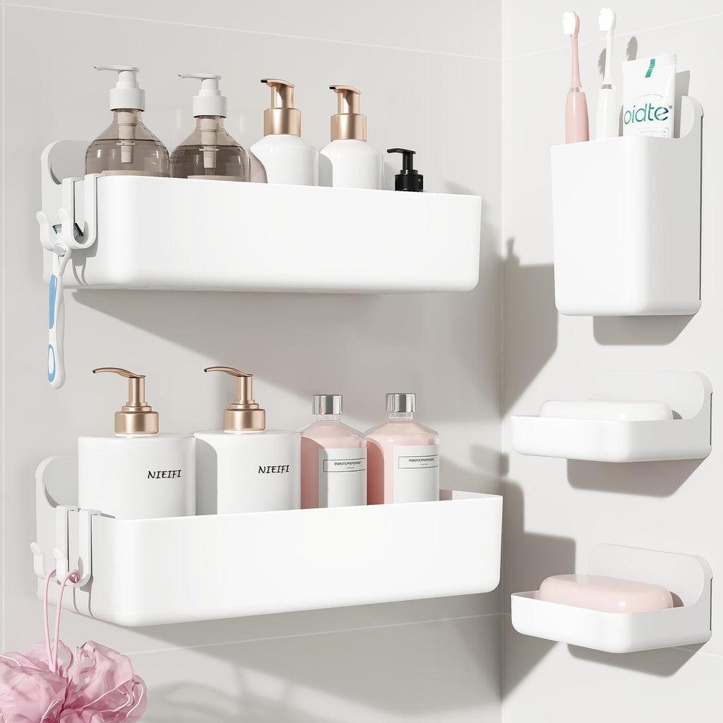 Nieifi Adhesive Shower Shelves, Clear, 5 Pieces