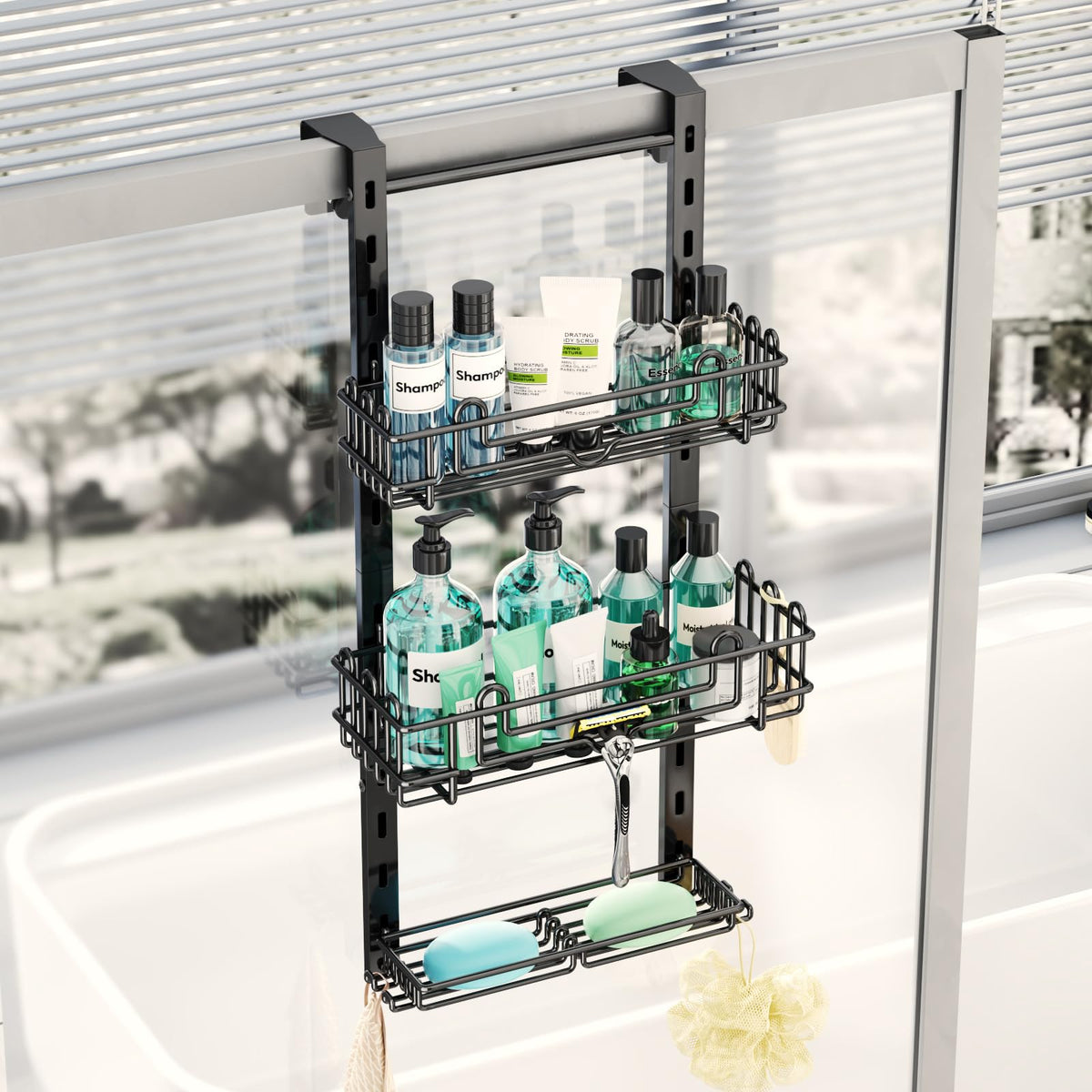 HapiRm Over the Door Shower Caddy - 4-Tier Hanging Shower Organizer with 22 Hooks and 2 Toothbrush Holders, No Drilling Adjustable Hanging Shelves for Bathroom - Black