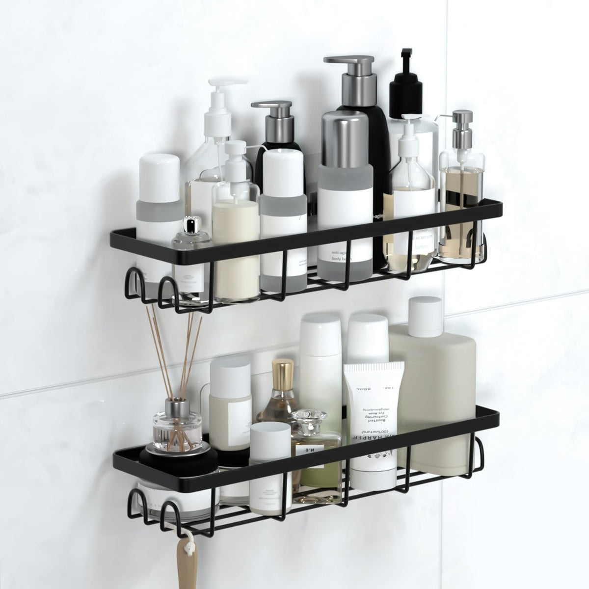 Shower Caddy Organizer with Hooks,Self Adhesive Bathroom Shelves,No Drilling Bathroom Organizers and Storage,Perfect for RV, Apartment, Home Decor,White 4PCS
