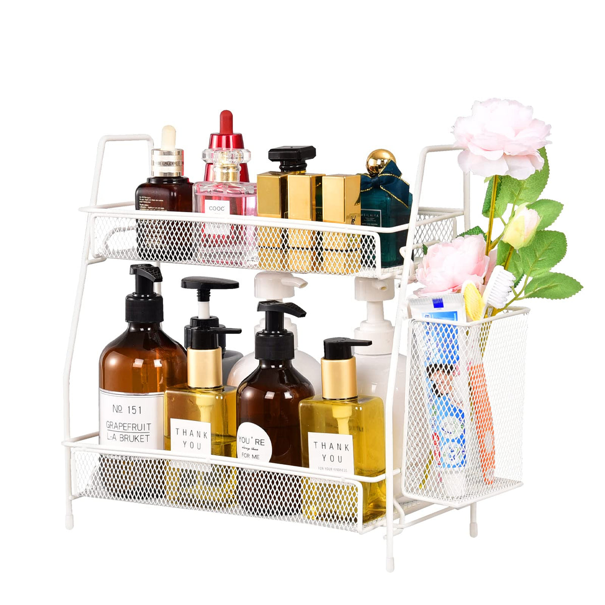 LEMIKKLE 2-Tier Bathroom Countertop Organizer,Skincare, Makeup Countertop Organizers, Kitchen, Bathroom Counter Storage with Small Basket (Black)