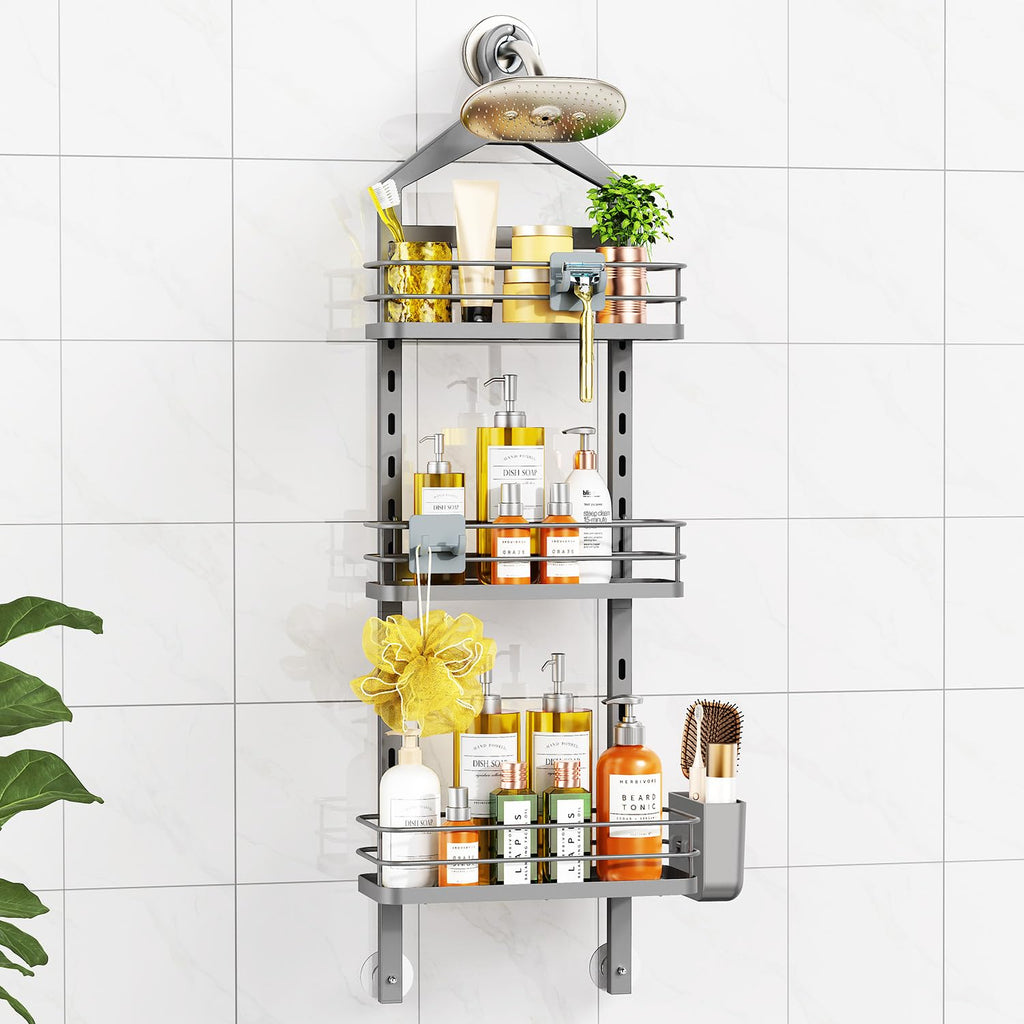 ODesign 4 Tier Adjustable Shower Organizer Hanging Over Showerhead Black