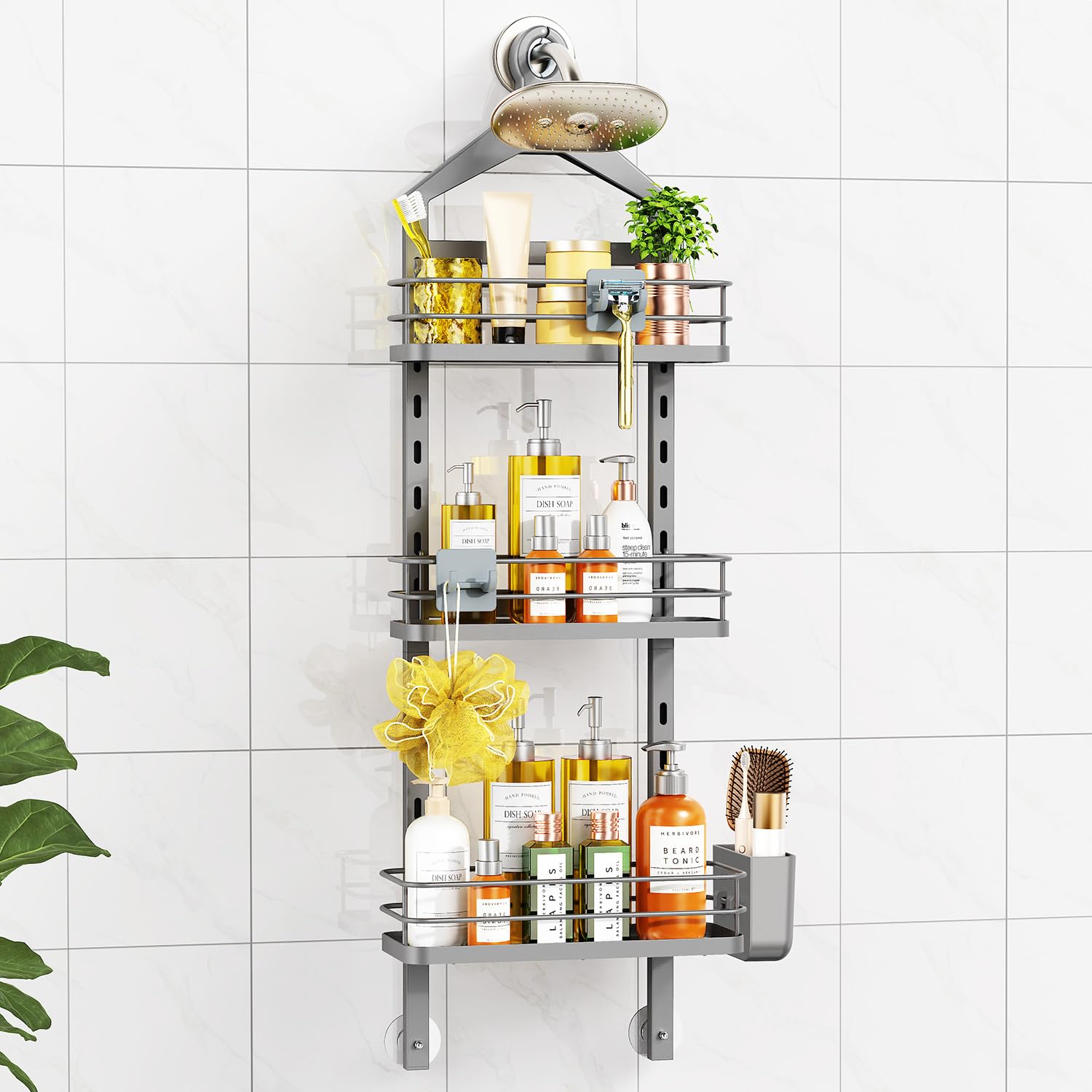 ODesign 4 Tier Adjustable Shower Organizer Hanging Over Showerhead Black