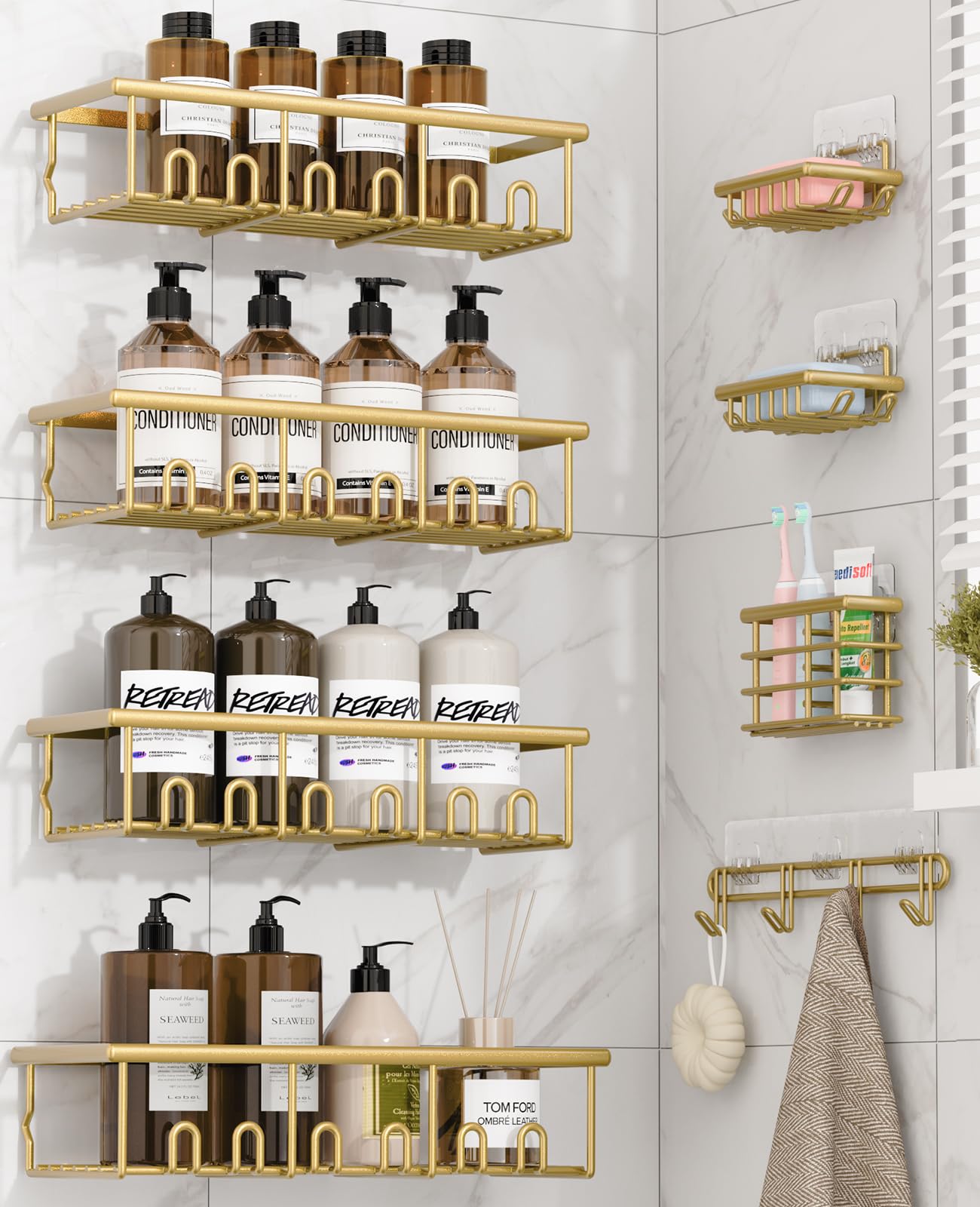 8 Pack Adhesive Large Capacity No-Drilling Shower Caddy, Black