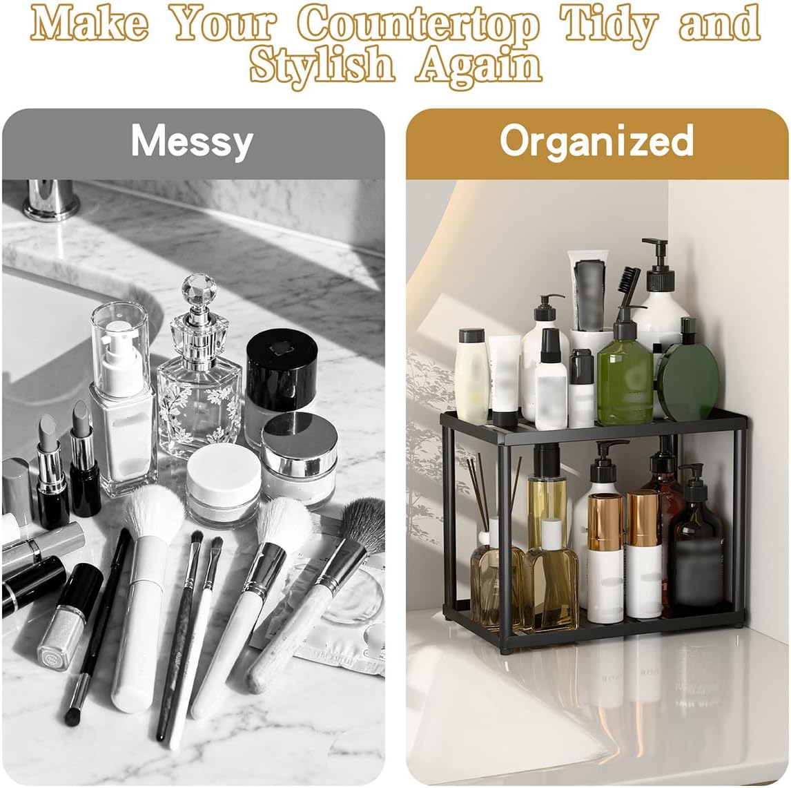 2 Tier Bathroom Counter Organizer, Rectangular Vanity Organizer Shelf, Skincare and Makeup Countertop Storage Rack for Kitchen, Bathroom, Bedroom, Black