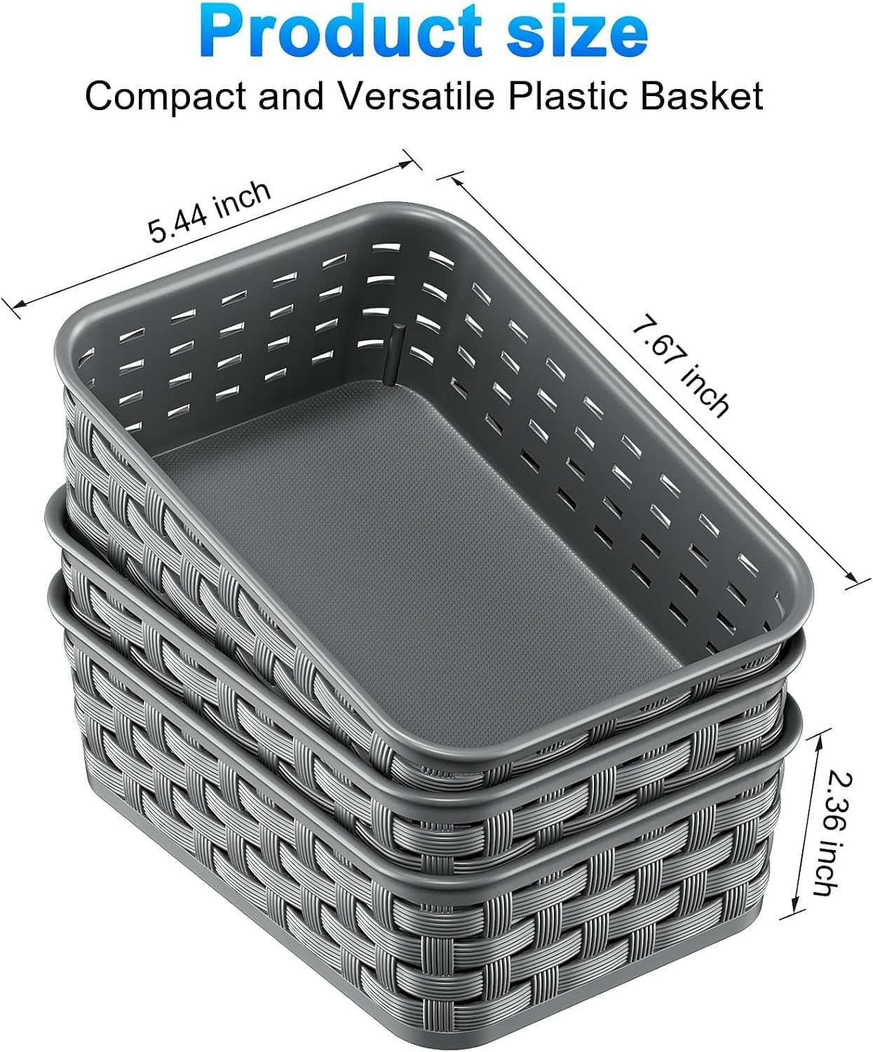 3 Pack Small Plastic Basket, Storage Bin Baskets for Organizing, Pantry Organizer Household Wicker Storage for Laundry Room, Bedrooms, Kitchens, Cabinets, Countertops, Dark Gray