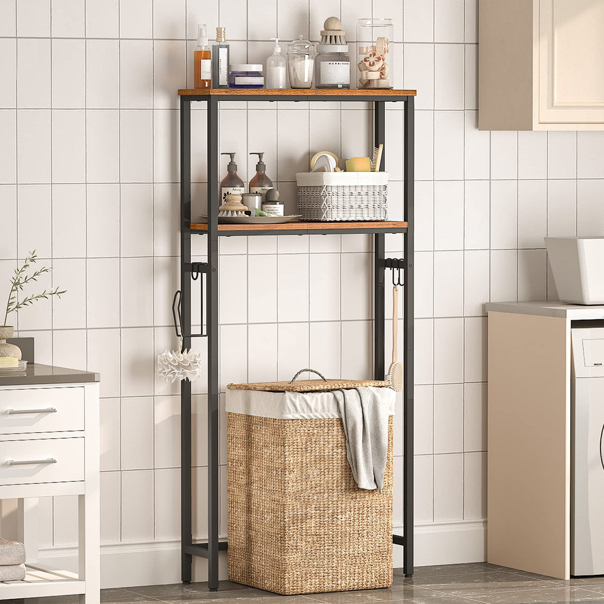 HOOBRO Over The Toilet Storage, 2-Tier freestanding Over the Toilet Storage, Bathroom Organizer Over Toilet with Toilet Paper Holder and Hooks, Space Saver for Room, Rustic Brown and Black BF49TS01